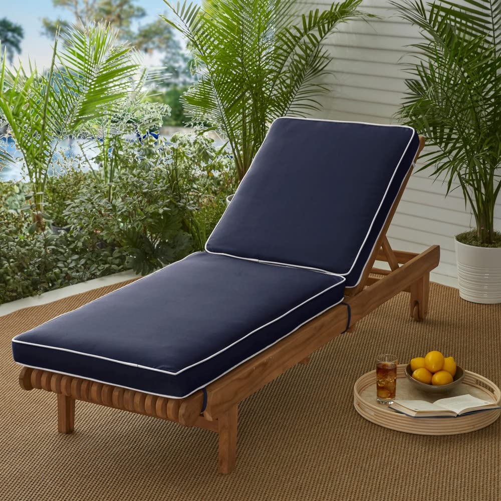 Premium Navy Blue Chaise Lounge Cushions with Natural Piping - 24