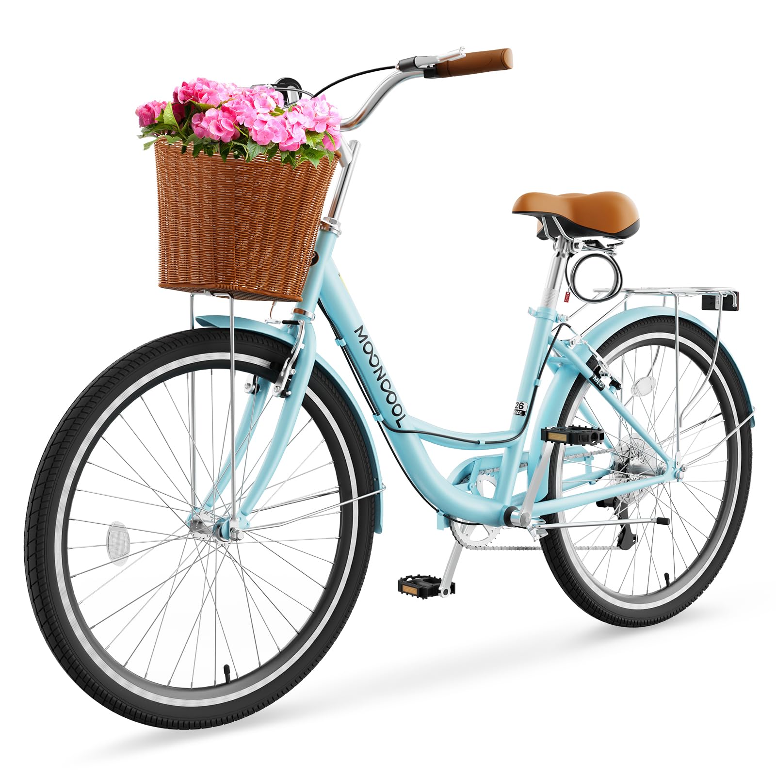 DoCred Women's 7-Speed Cruiser Bike - 24/26 Inch Step-Through City Bicycle with Rattan Basket & Rear Rack - Comfortable Commuter & Beach Cruiser for Women Adults - Perfect for Urban Riding, Weekend Errands & Coastal Leisure