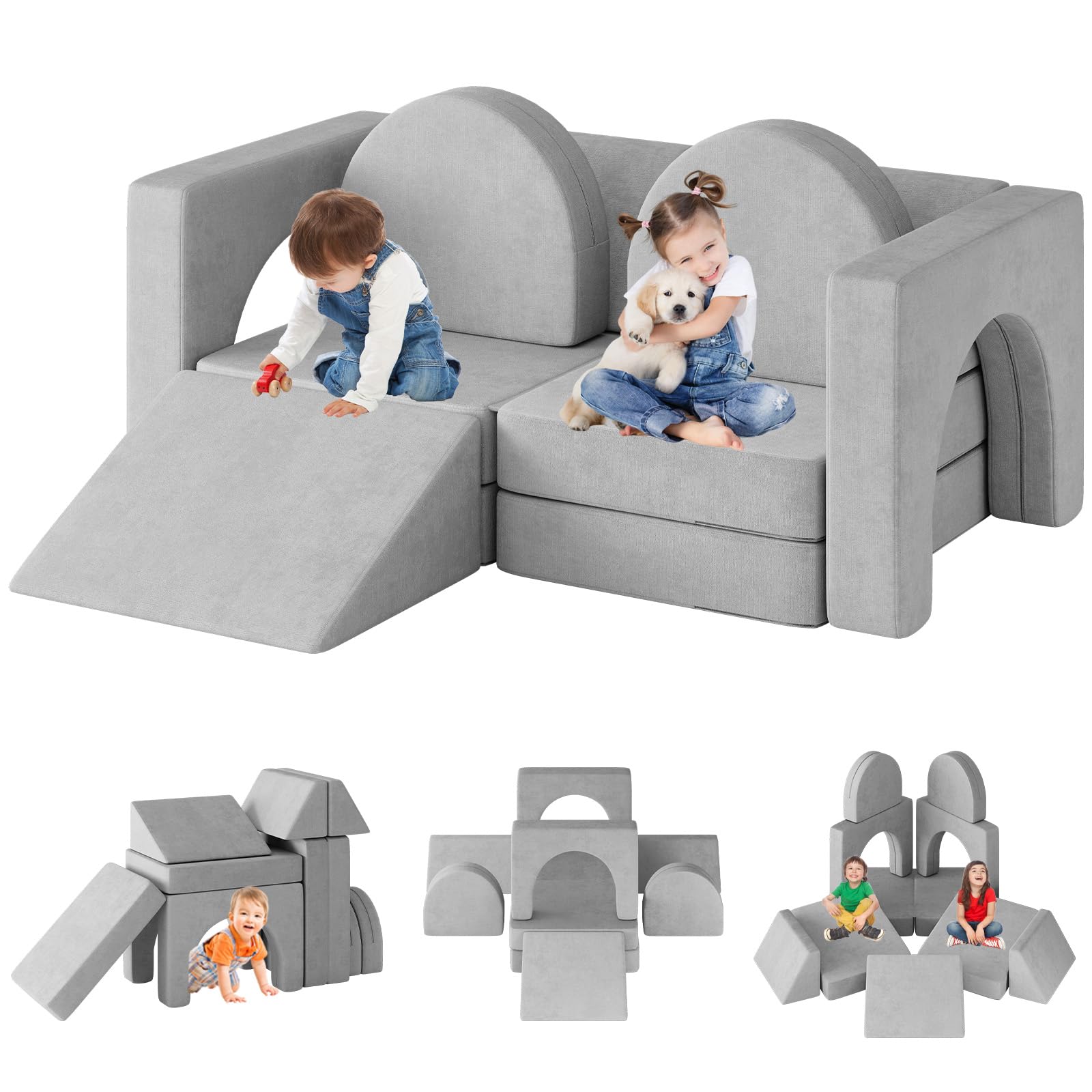 10PCS Modular Kids Play Couch - 10-in-1 Toddler Sofa with Climbing Slope for Boys & Girls | Creative Play, Climbing, Napping & Indoor Activities | Durable Gray Children's Furniture for Playroom, Bedroom & Daycare