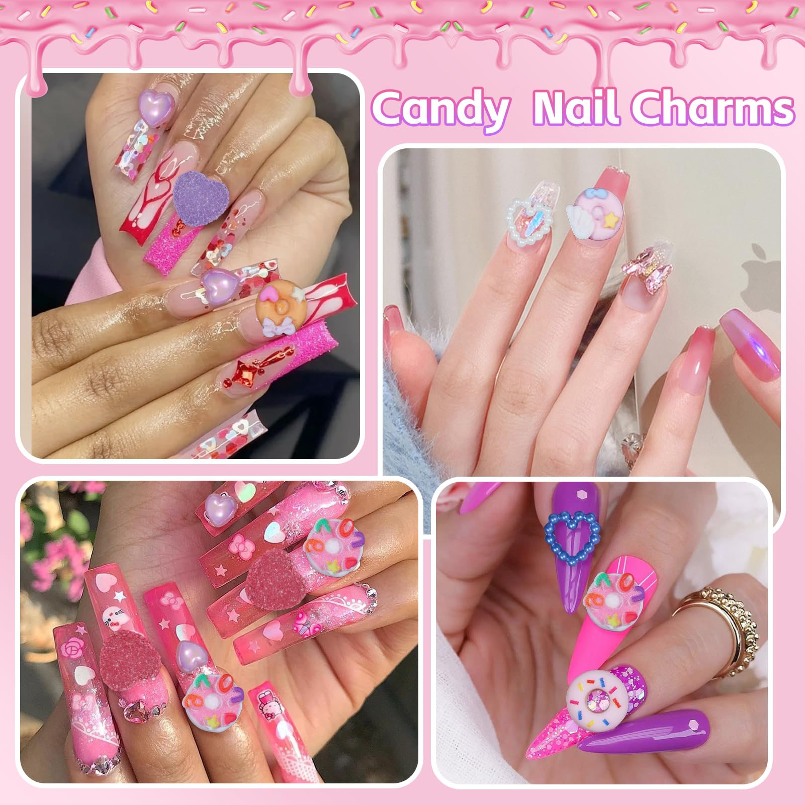 3D Candy Nail Charms - Assorted Donut, Pearl Heart & Cartoon Nail Art Decorations for DIY Nail Design | Includes Pickup Tools | Perfect for Nail Salons, Home Manicures & Party Nail Art