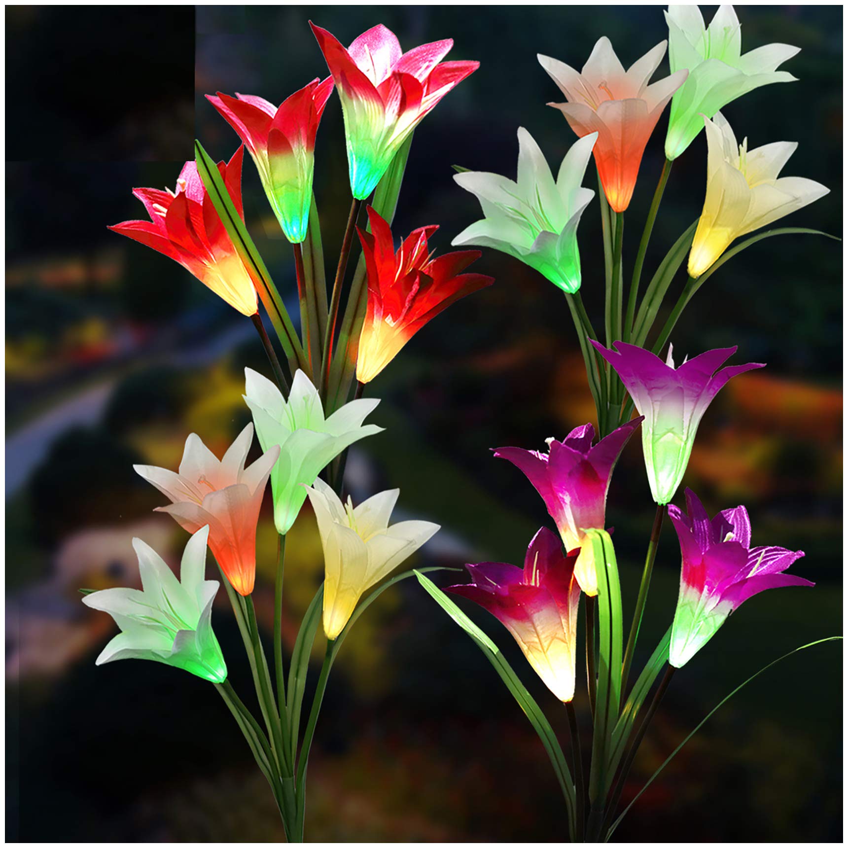 TONULAX Solar Lights Outdoor - Upgraded Garden Lights with Multi-Color Changing Lily Design, Bigger Flower & Wider Panel for Patio, Yard, Pathway Decoration (4 Pack: Red, 2 Purple, White) - Perfect for Landscape Lighting, Evening Gatherings & Outdoor Ambiance