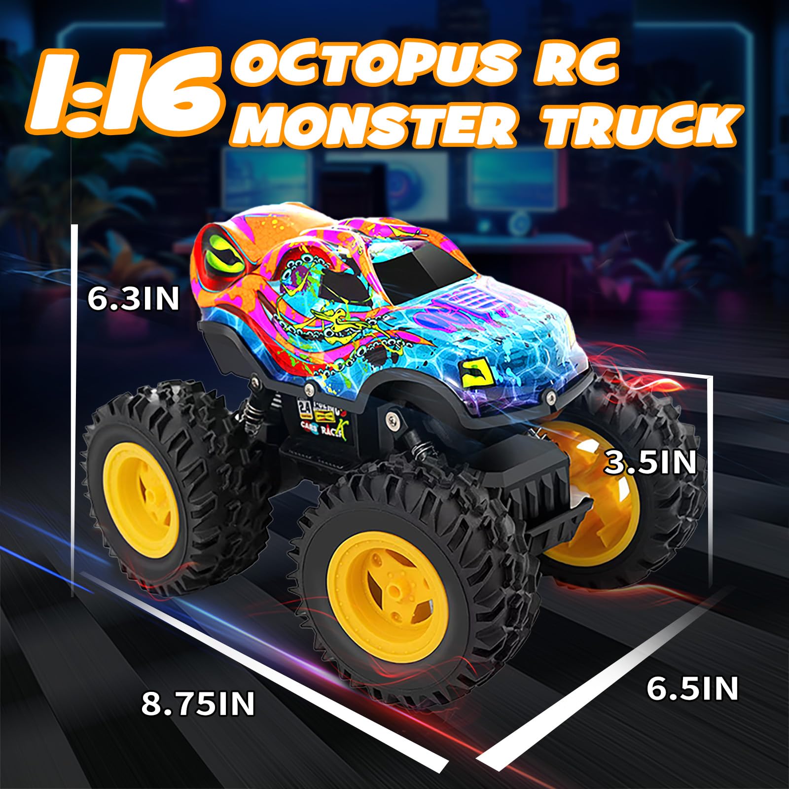 Rechargeable Remote Control Monster Truck with LED Lights - All Terrain RC Car for Boys & Kids - Perfect for Outdoor Play, Racing, and Backyard Adventures