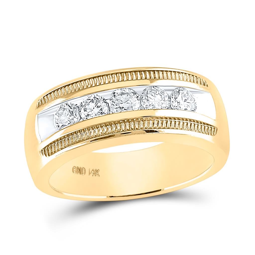 14K Yellow Gold Men's Diamond Wedding Band Ring - 1 CTTW Round Single Row Textured Design for Engagement, Anniversary & Special Occasions | Jewels By Lux