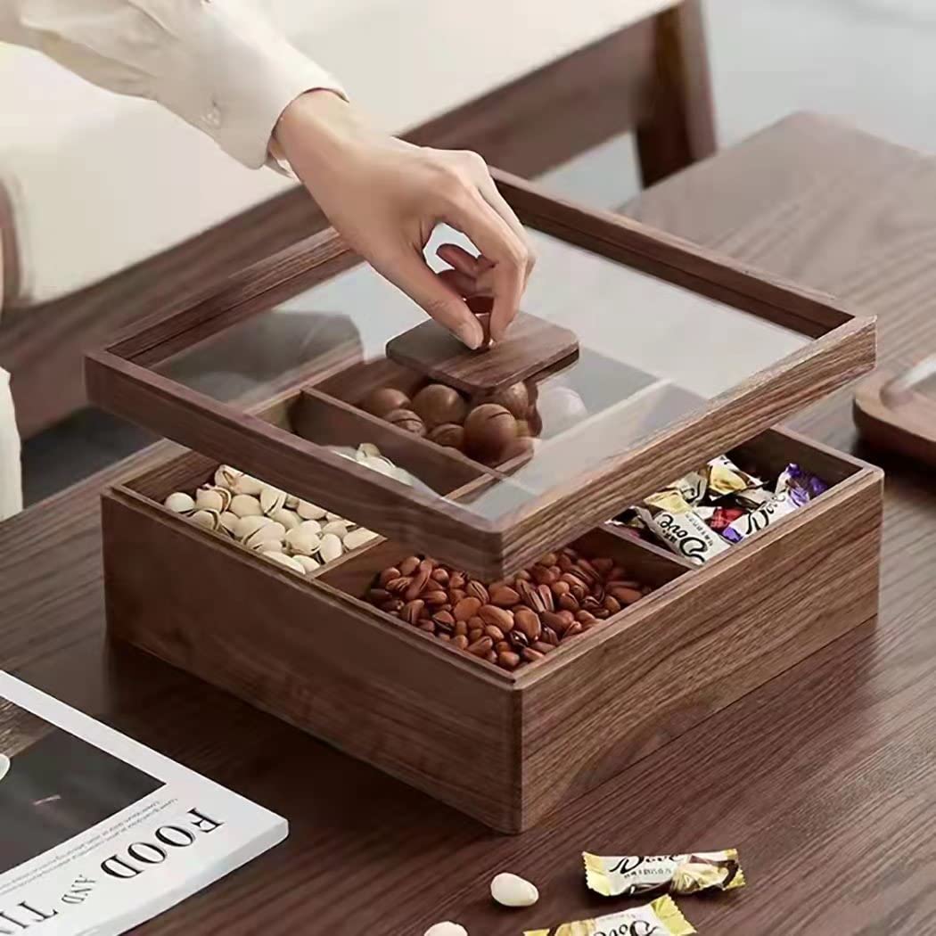 Premium Solid Black Walnut Wood Snack Storage Container - 4 Compartment Collectible Box with Glass Lid for Candy, Nuts, Chocolates & Dry Fruits | Perfect for Kitchen Countertop, Pantry Organization & Gift Giving