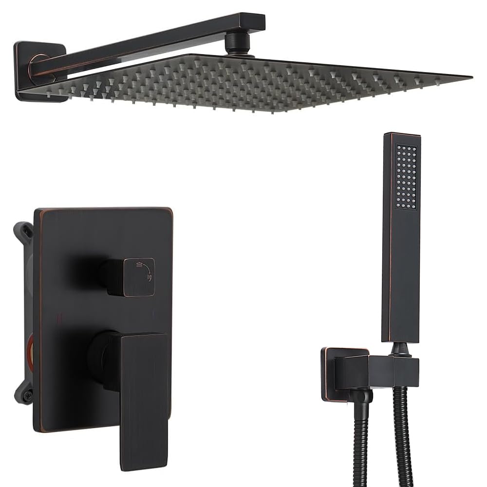 Oil Rubbed Bronze Rain Shower Faucet Set - 12 Inch Square Shower Head with Handheld Spray & Waterfall Showerhead - All Metal Shower System with Trim Repair Kits (Includes Shower Valve) - Perfect for Bathroom Remodel & Luxury Spa Experience