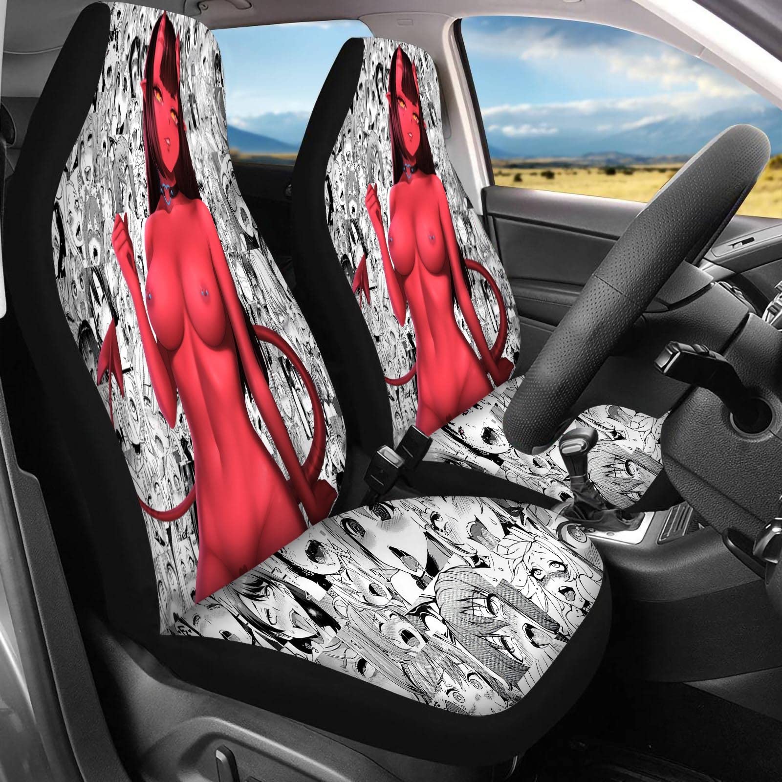 Hentai Anime Car Seat Covers 2Pcs Set - Universal Fit Ahegao Waifu Design, 100% Breathable 3mm Composite Material with Seat Belt & Steering Wheel Covers - Perfect for Car Enthusiasts & Anime Fans