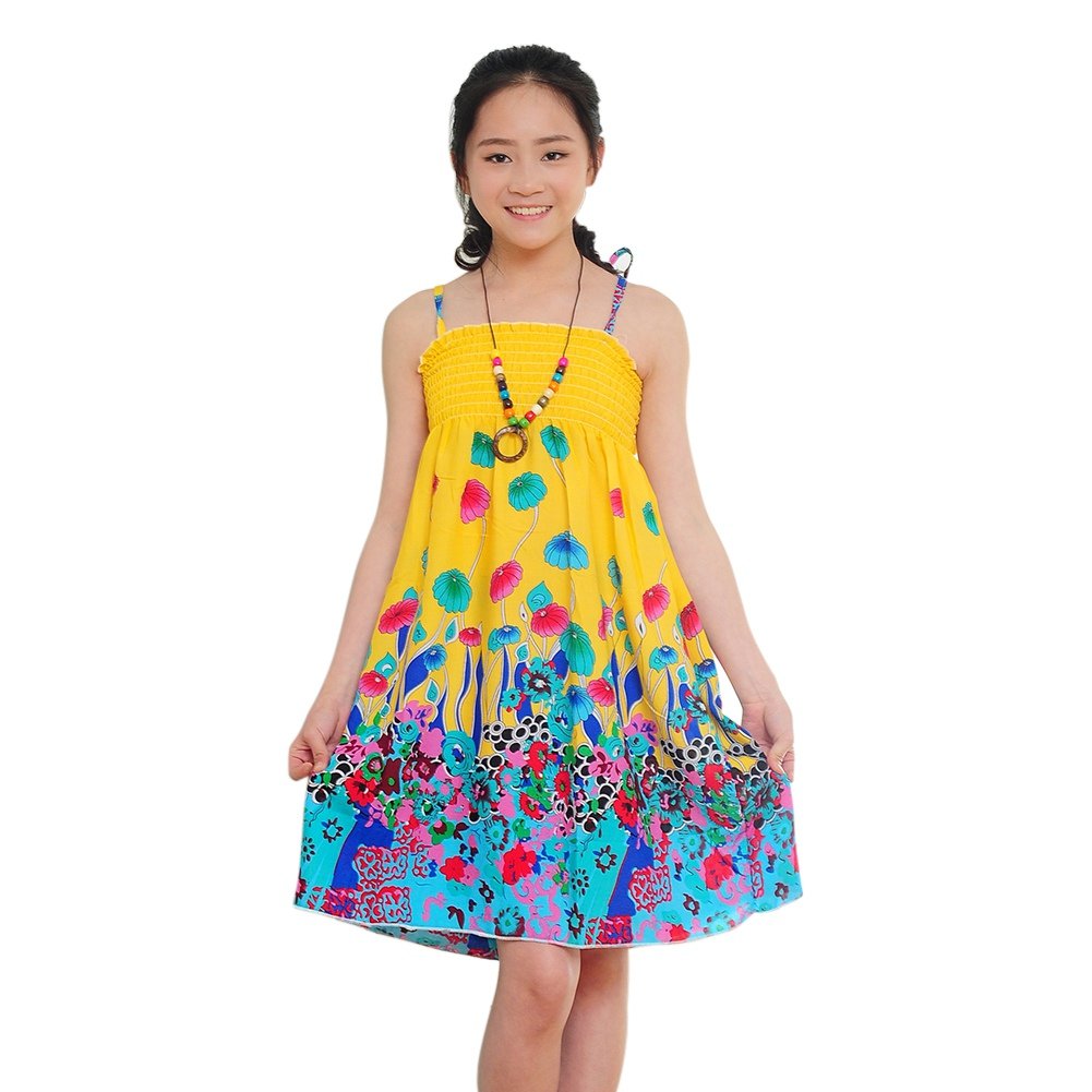 ESHOO Girls' Summer Beach Dress with Necklace - Cute Floral Print Sundress for Vacation, Playdates & Outdoor Activities