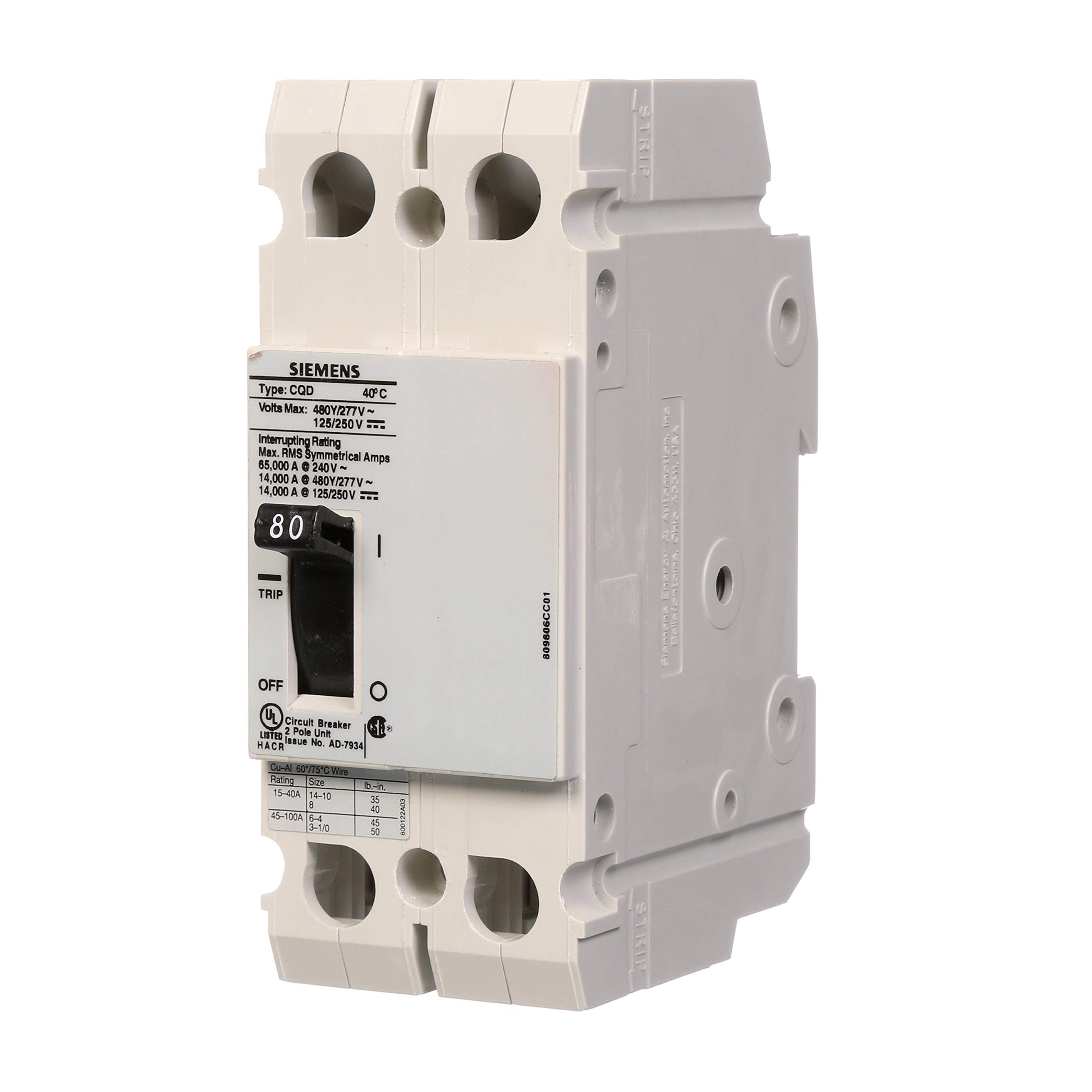 Siemens CQD280 80-Amp Double Pole Circuit Breaker 480/277V AC 125/250V DC 14KAIC - Cable In/Out for Industrial & Commercial Electrical Panels - Perfect for Factories, Warehouses & Power Distribution Systems