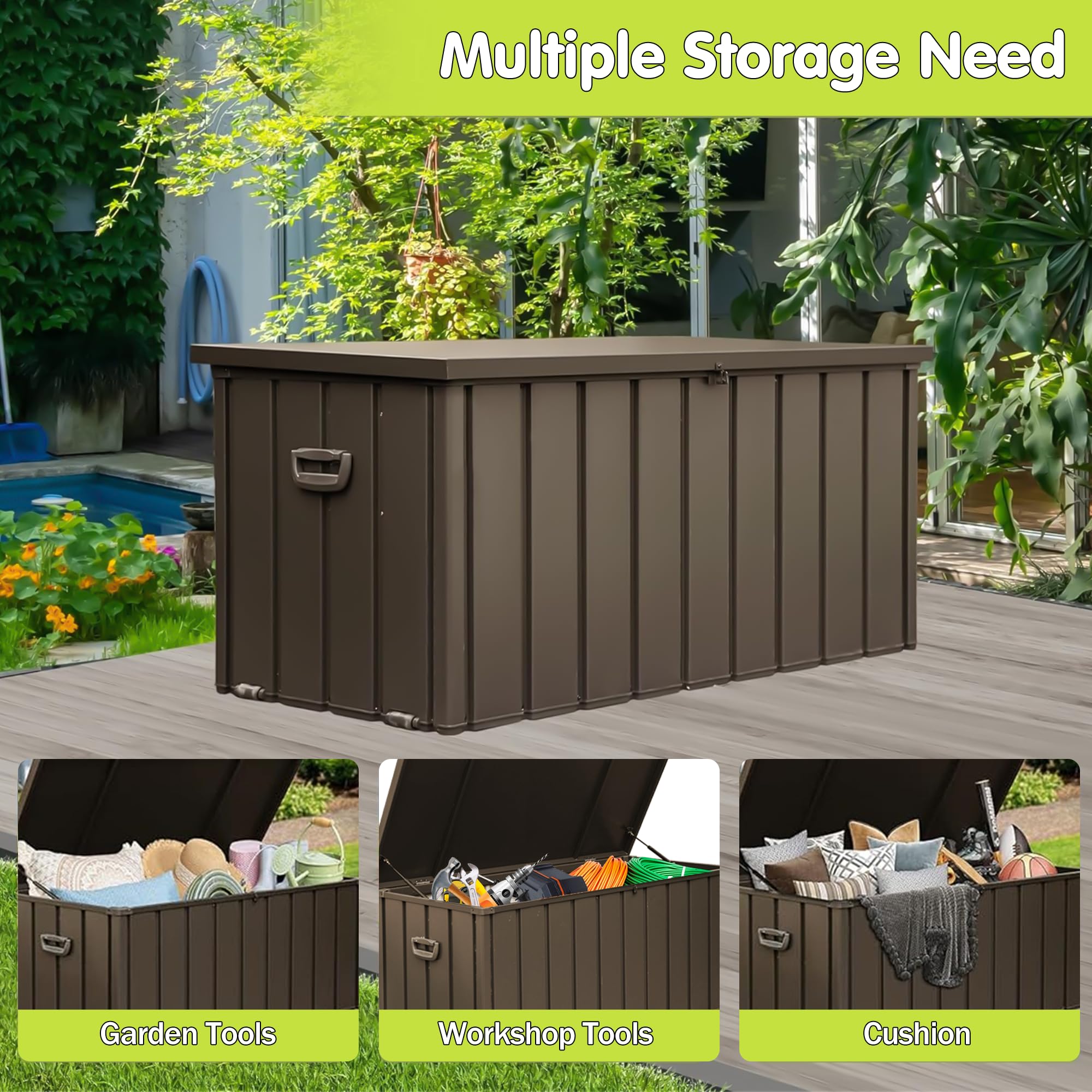 WIIS' IDEA 150 Gallon Outdoor Storage Deck Box with Lockable Lid & Wheels - Waterproof Large Patio Furniture Storage Container for Garden Tools, Pool Supplies, Cushions & Outdoor Equipment (Brown) - Perfect for Backyard, Deck, Poolside & Garage Organization