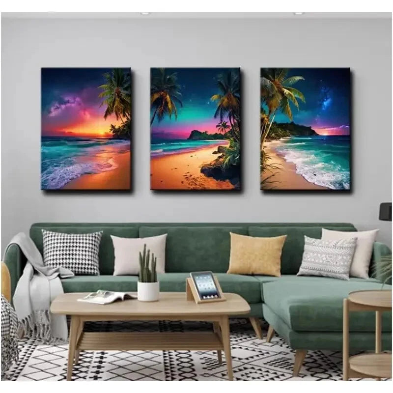 3-Piece Beach Coconut Tree Metal Wall Art Print - Natural Landscape Decor - Ready to Hang for Living Room, Bedroom & Office
