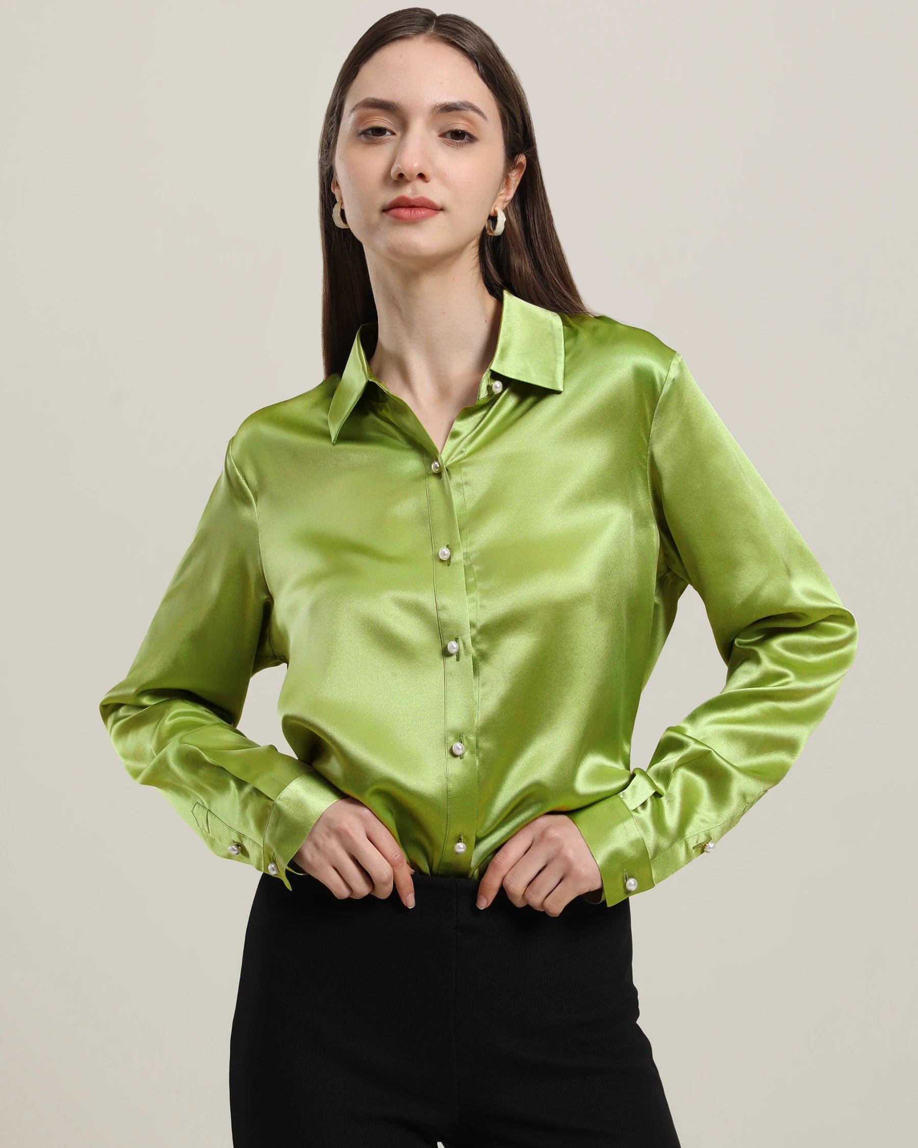 Elegant Women's Classic Pearl Button Silk Shirt - Premium Blouse for Office, Party & Formal Occasions