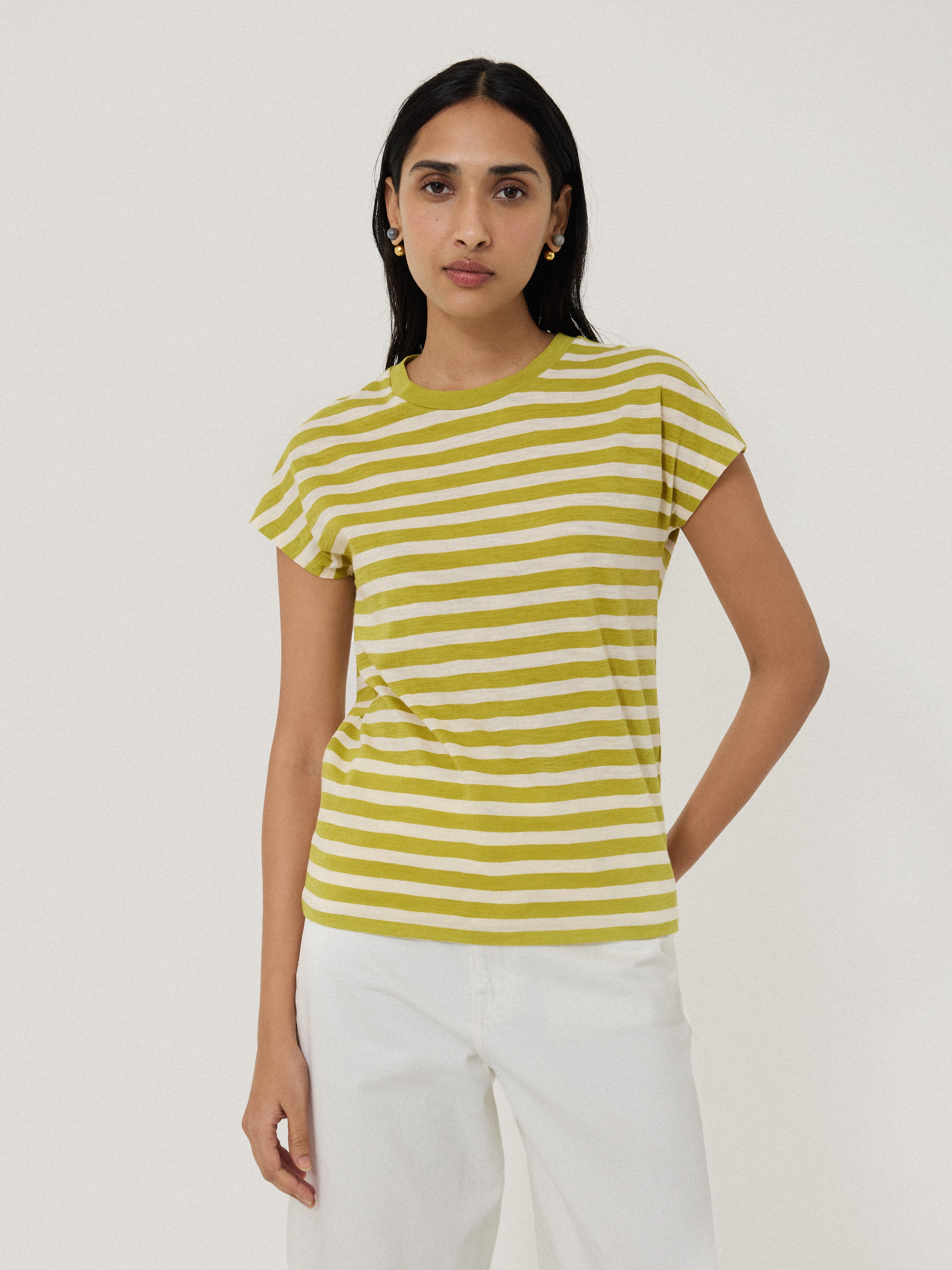 Stylish Cotton Slub Stripe Cap Sleeve Top for Women - Trendy Green Summer T-Shirt | Perfect for Casual Outings, Beach Wear & Everyday Fashion