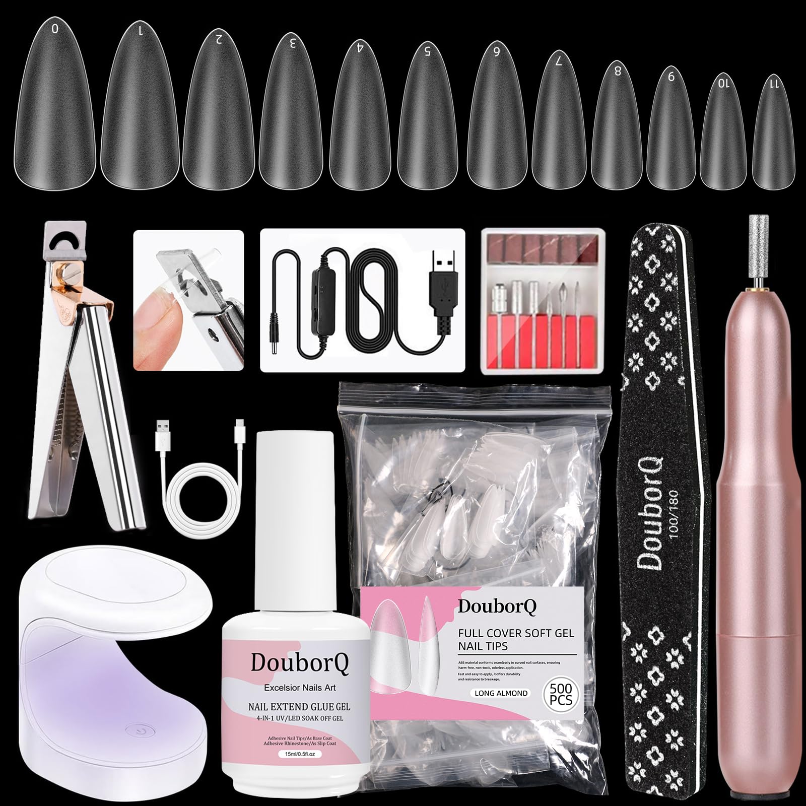 Major Dijit Gel Nail Kit - Professional Nail Extension Set with UV Lamp, Nail Drill, 4-in-1 Nail Glue (0.5oz), 500PCS Long Almond Nail Tips & Tools | Perfect for Home Manicures, Salon Nail Art & DIY Gel Extensions