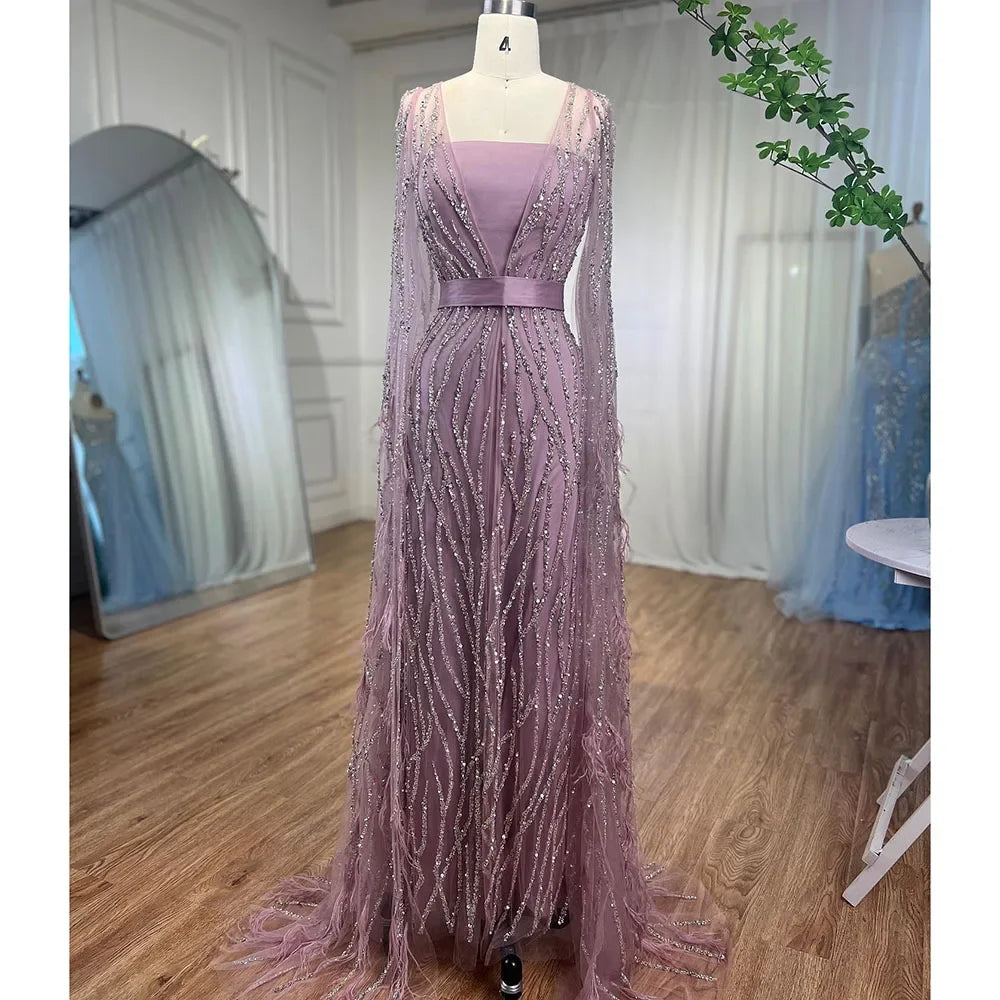 Serene Hill Ivory Mermaid Evening Gown with Elegant Feather Cape & Beaded Square Neckline - Luxury Moroccan Caftan Dress LA71748 for Weddings, Galas & Formal Events