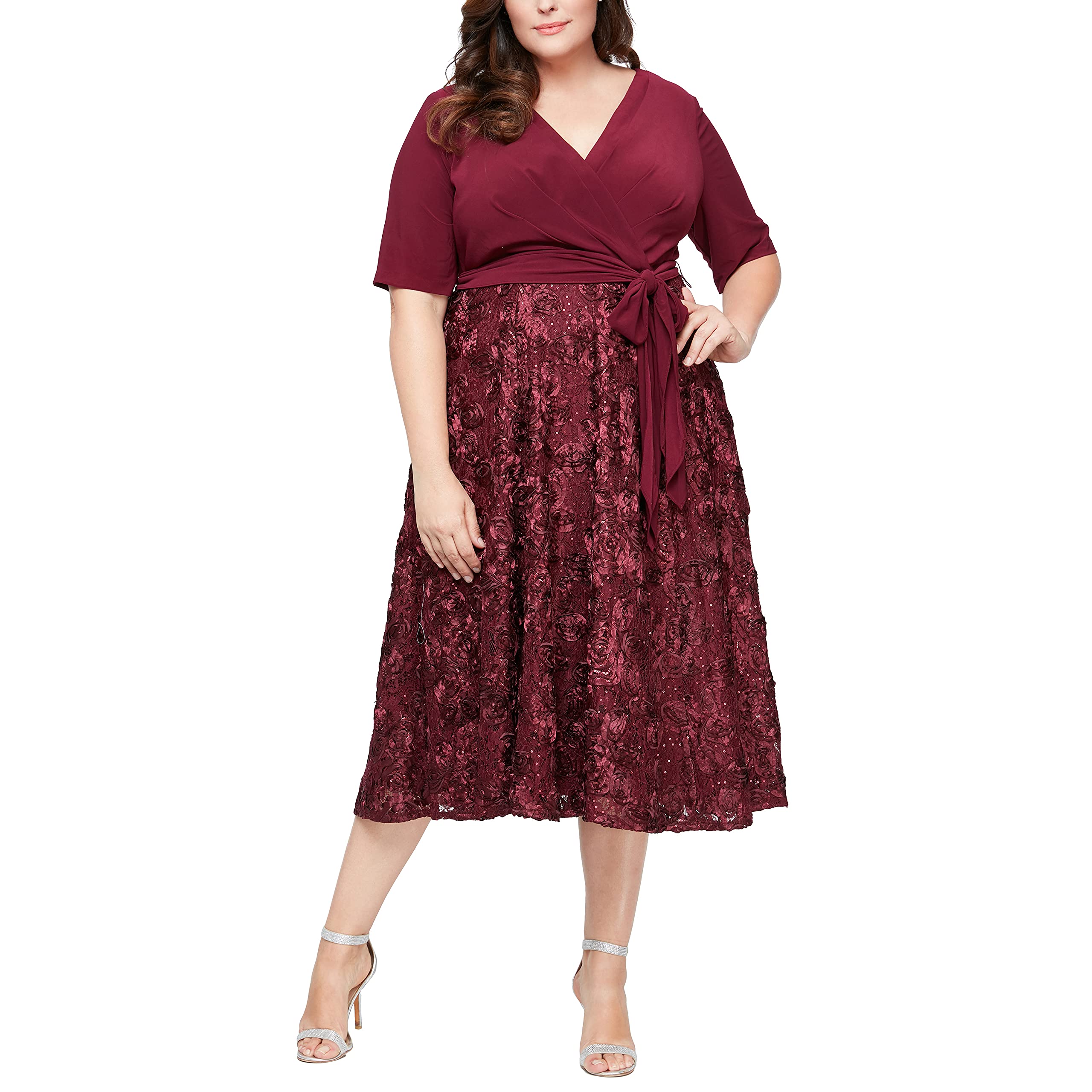 Alex Evenings Women's Plus Size Tea Length Dress with Rosette Detail - Elegant Formal Dress for Weddings, Parties & Special Occasions