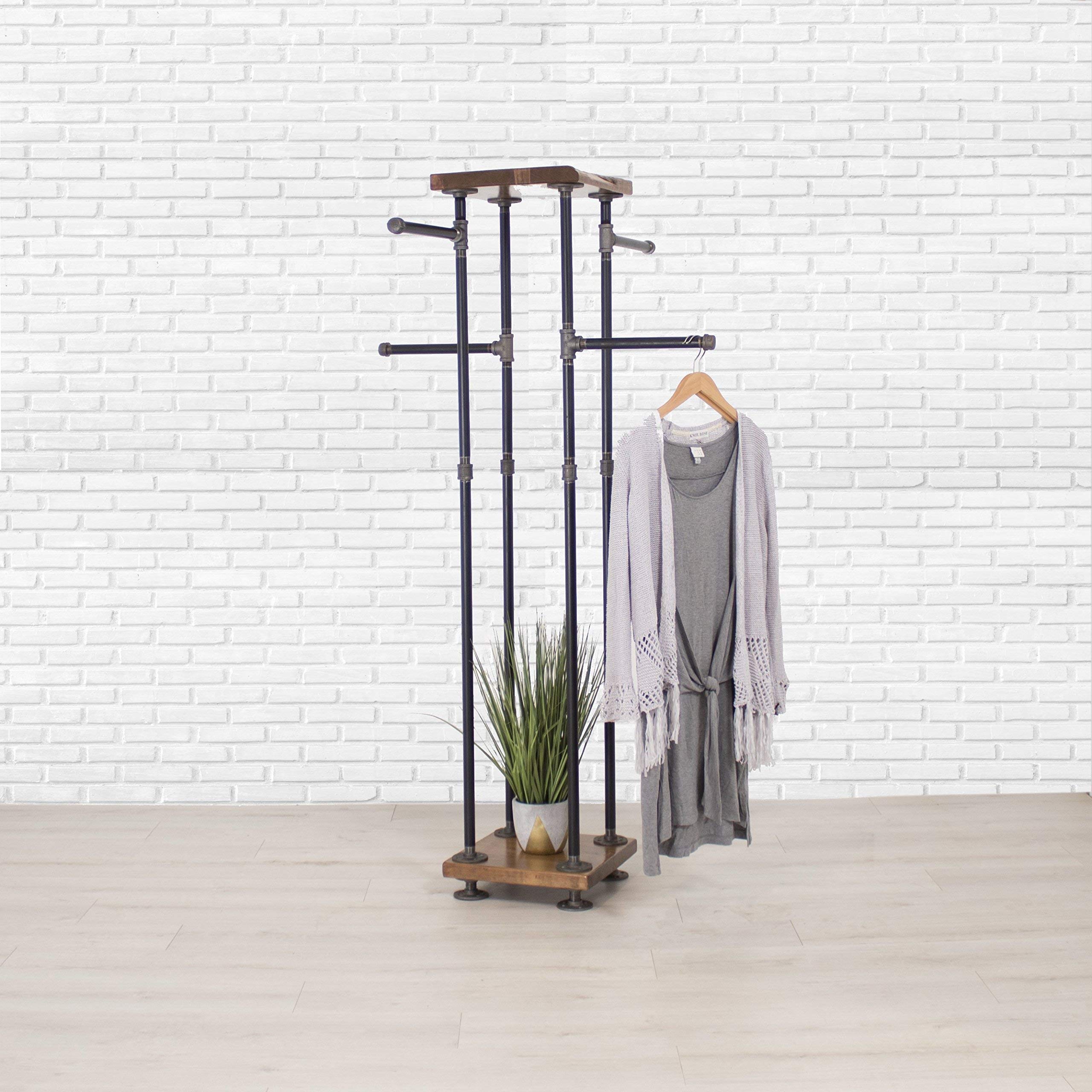 4-Way Industrial Pipe & Wood Garment Rack - Heavy Duty Clothing Storage Organizer with Display Shelf for Bedroom, Closet, Boutique & Retail Store