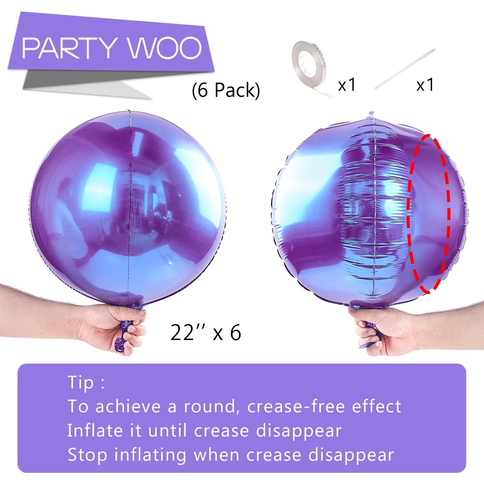 PartyWoo 6-Pack 22 Inch Giant 4D Pearl Purple Foil Balloons - Large Round Mylar Balloons for Birthday Party Decorations, Wedding Decor, Baby Shower & Anniversary Celebrations - Elegant Metallic Balloon Set for Indoor/Outdoor Events