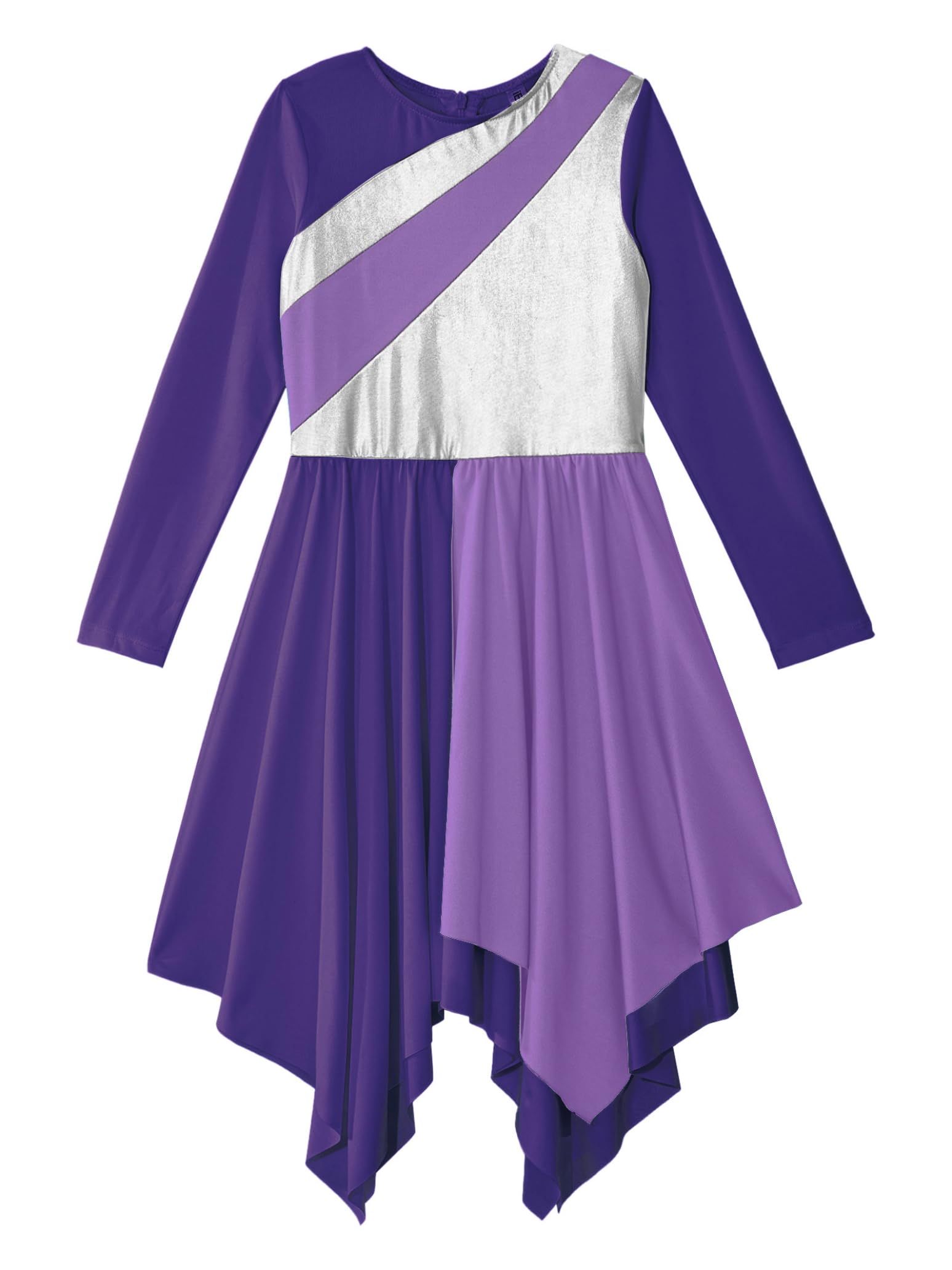 Girls Long Sleeve Metallic Praise Dance Dress - Liturgical Worship Costume with Asymmetrical Design for Church Performances & Religious Ceremonies