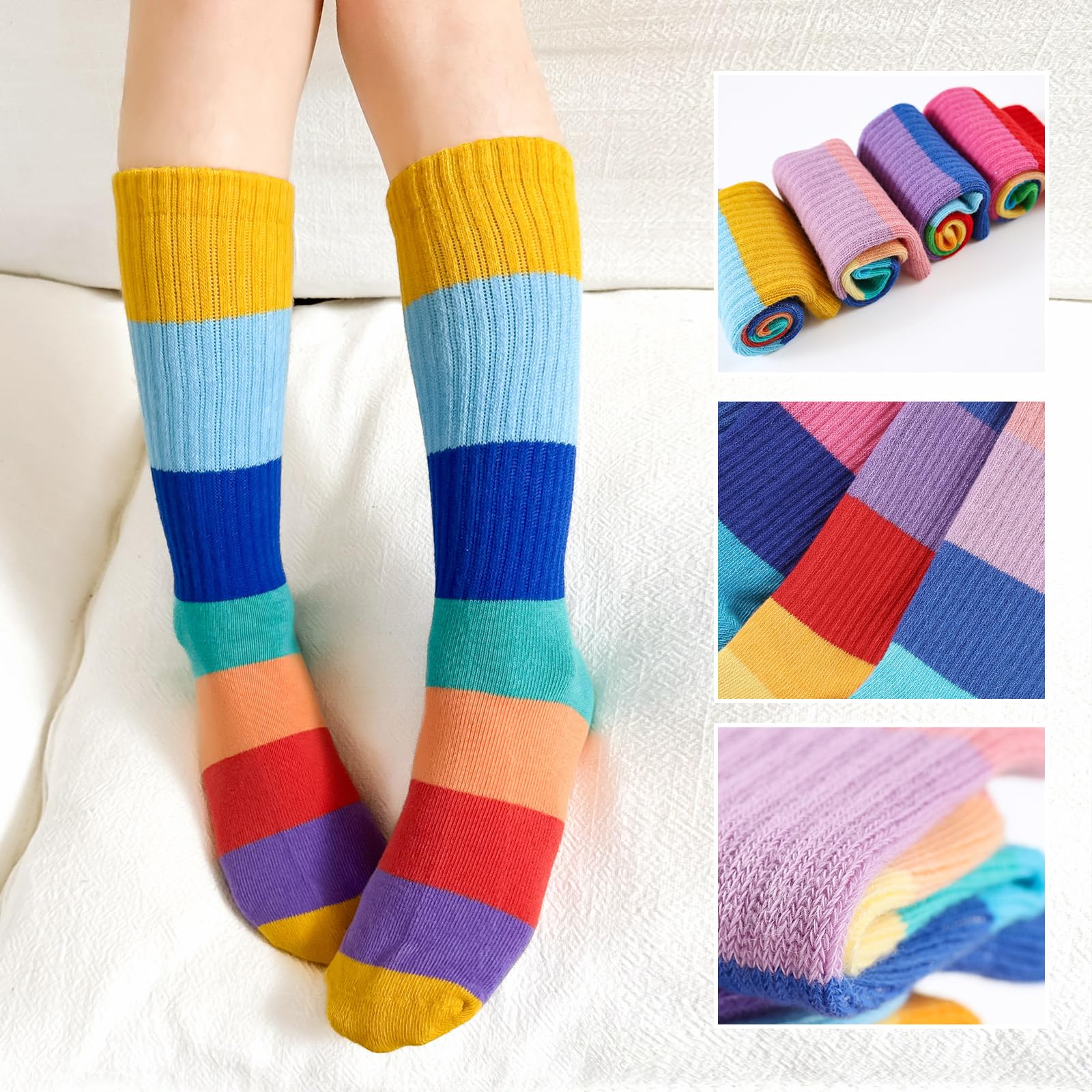 MINI PANDA 8 Pairs Girls Crew Socks - Colorful Rainbow Striped Cotton Socks for School, Sports & Everyday Wear