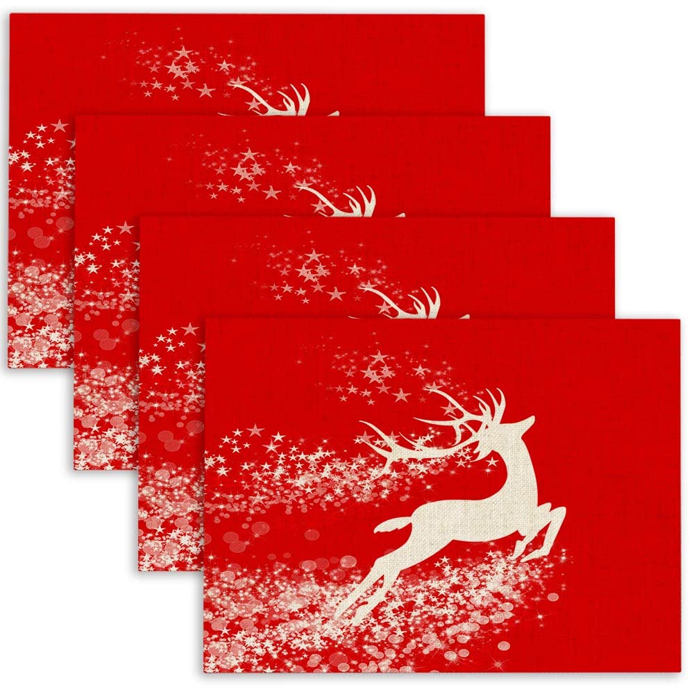 Jesmacti Christmas Reindeer Placemats Set of 4 - 18x12 Inch Red Holiday Dining Mats for Festive Indoor Decor & Dinner Parties - Perfect for Christmas Tablescapes, Family Gatherings & Seasonal Home Decor