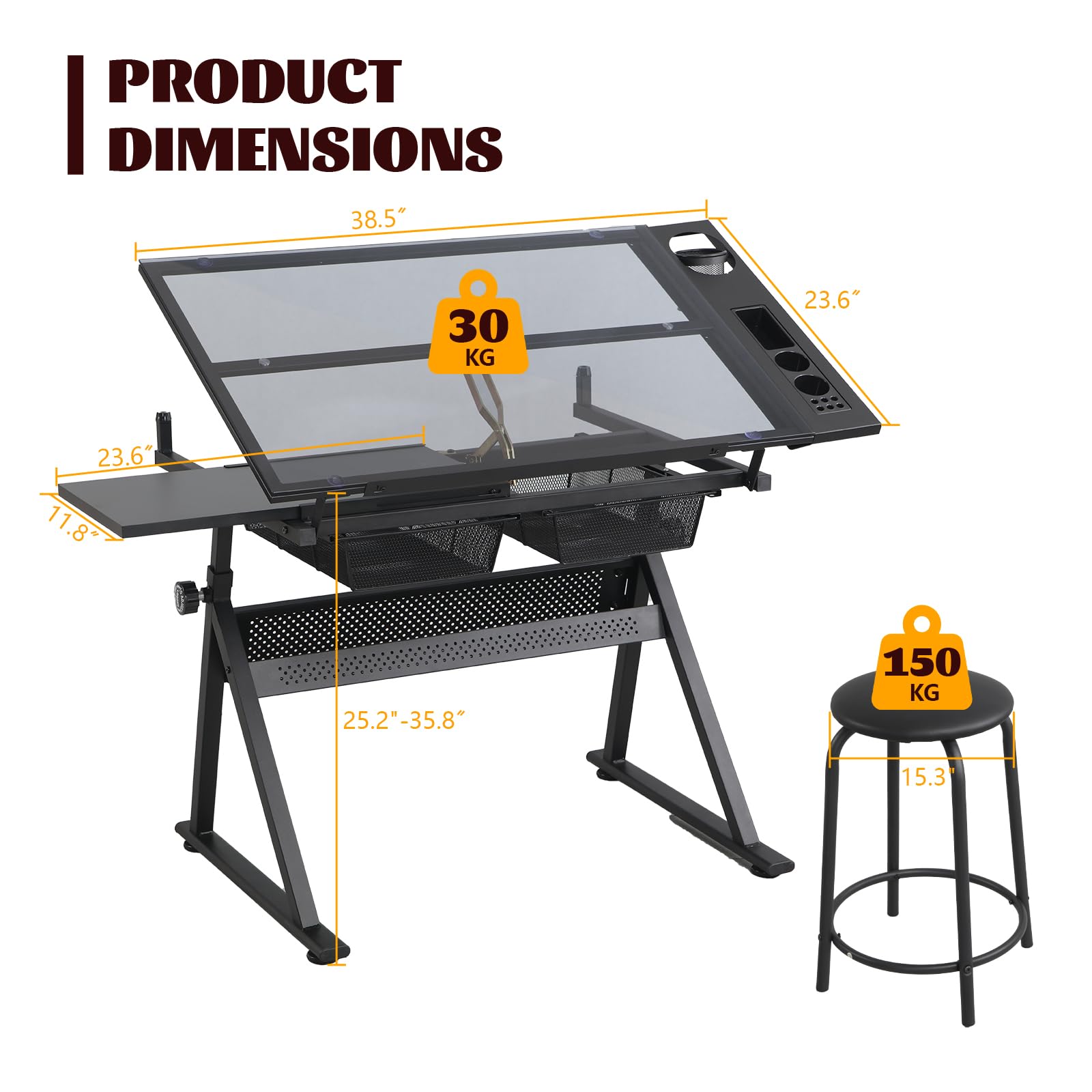 Adjustable Drafting Table with Stool Set - Tempered Black Glass Art Desk for Drawing, Painting & Sketching - Ergonomic Height & Angle Adjustments for Artists, Designers & Home Office Use
