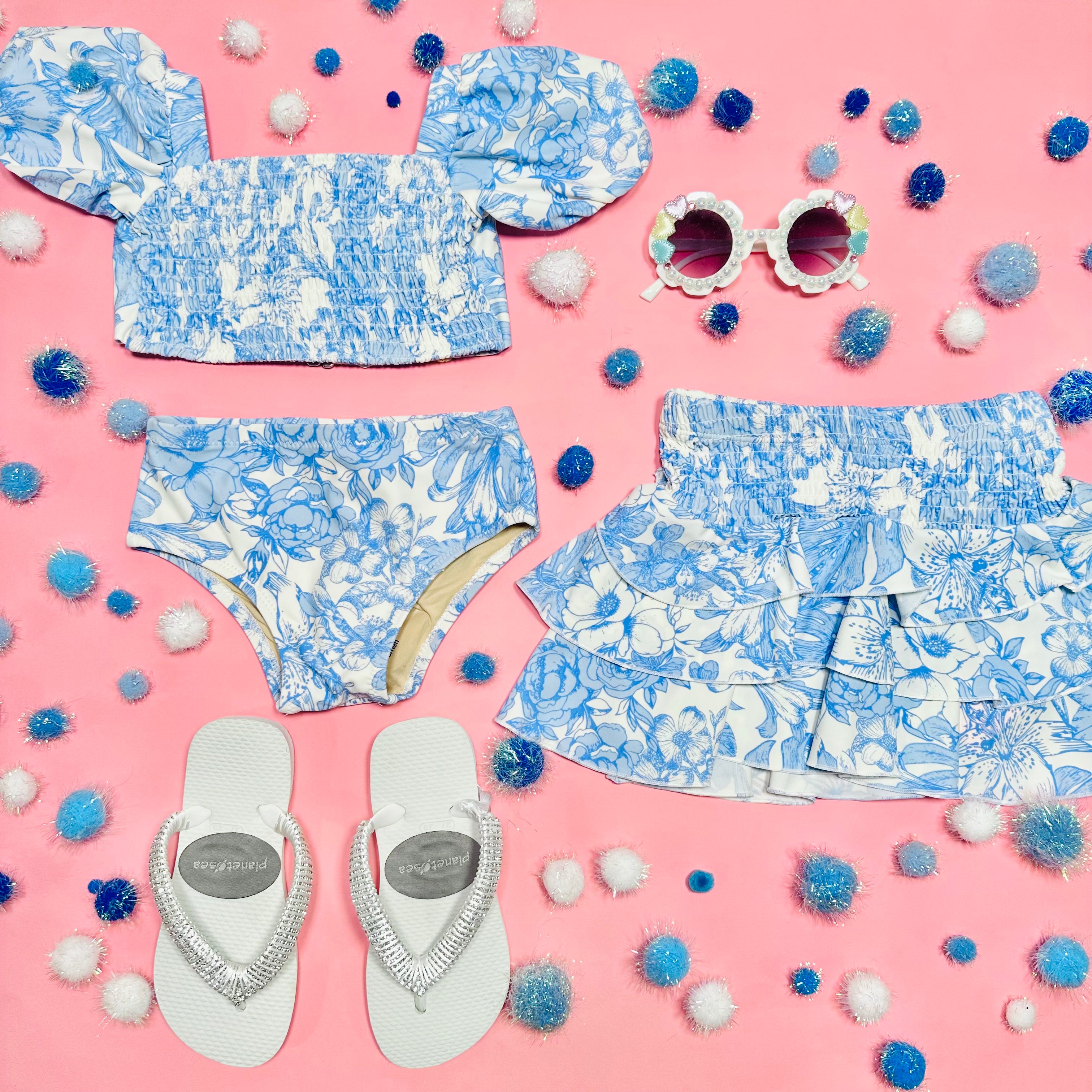 Tropical Blues Puff Sleeve Two Piece Bikini Set - Sexy Ruffled Swimwear for Women | Beach Vacation, Pool Party & Summer Getaway