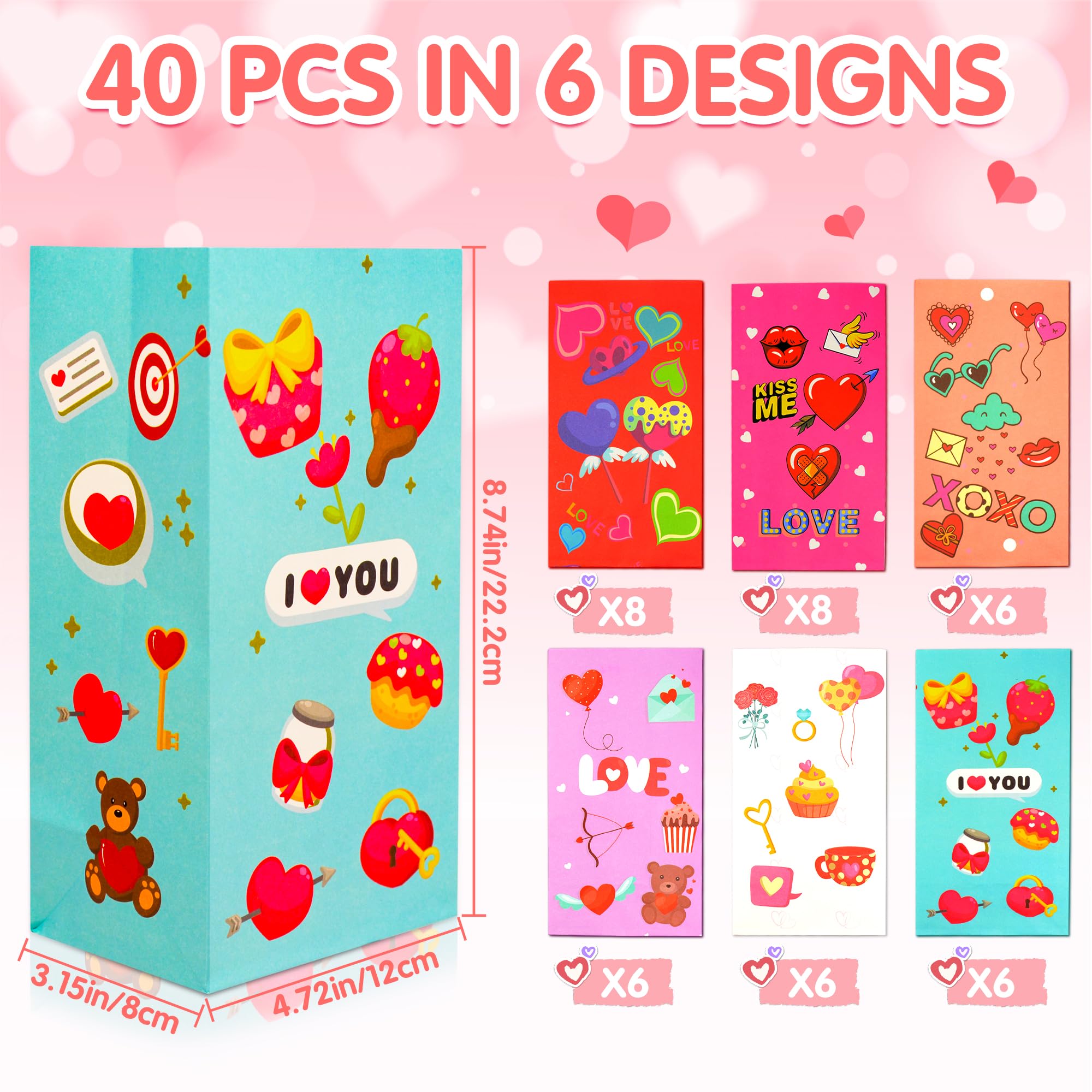 40 Pack Valentine's Day Gift Bags for Kids - 6 Cute Designs, Party Favor Treat Bags for Classroom Exchange, Candy & Goodie Bags - Perfect for School Parties, Valentine's Day Celebrations & Classroom Activities