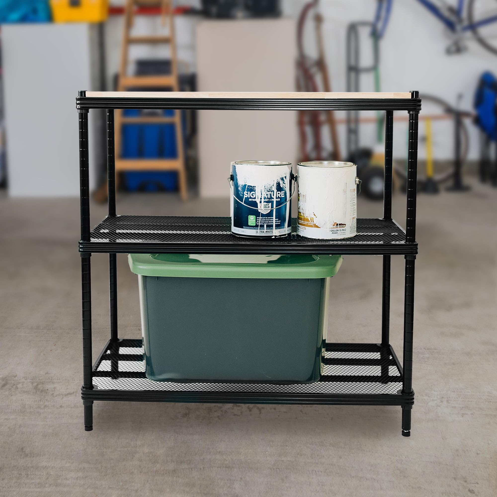Metal Mesh Shelf Unit with Wood Top - Black Design Ideas MeshWorks Shelving Rack for Workbench & Home Organization | Garage Storage, Workshop Display, Kitchen Pantry Organizer