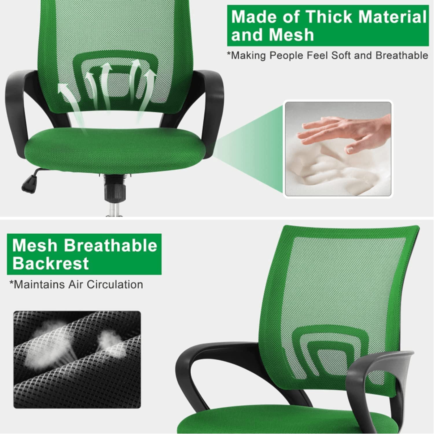 Ergonomic Mesh Office Chair with Lumbar Support & Adjustable Armrests - Mid Back Computer Desk Chair with Swivel & Rolling Wheels for Home Office - Green Executive Task Chair for Long Work Hours & Comfortable Workspace