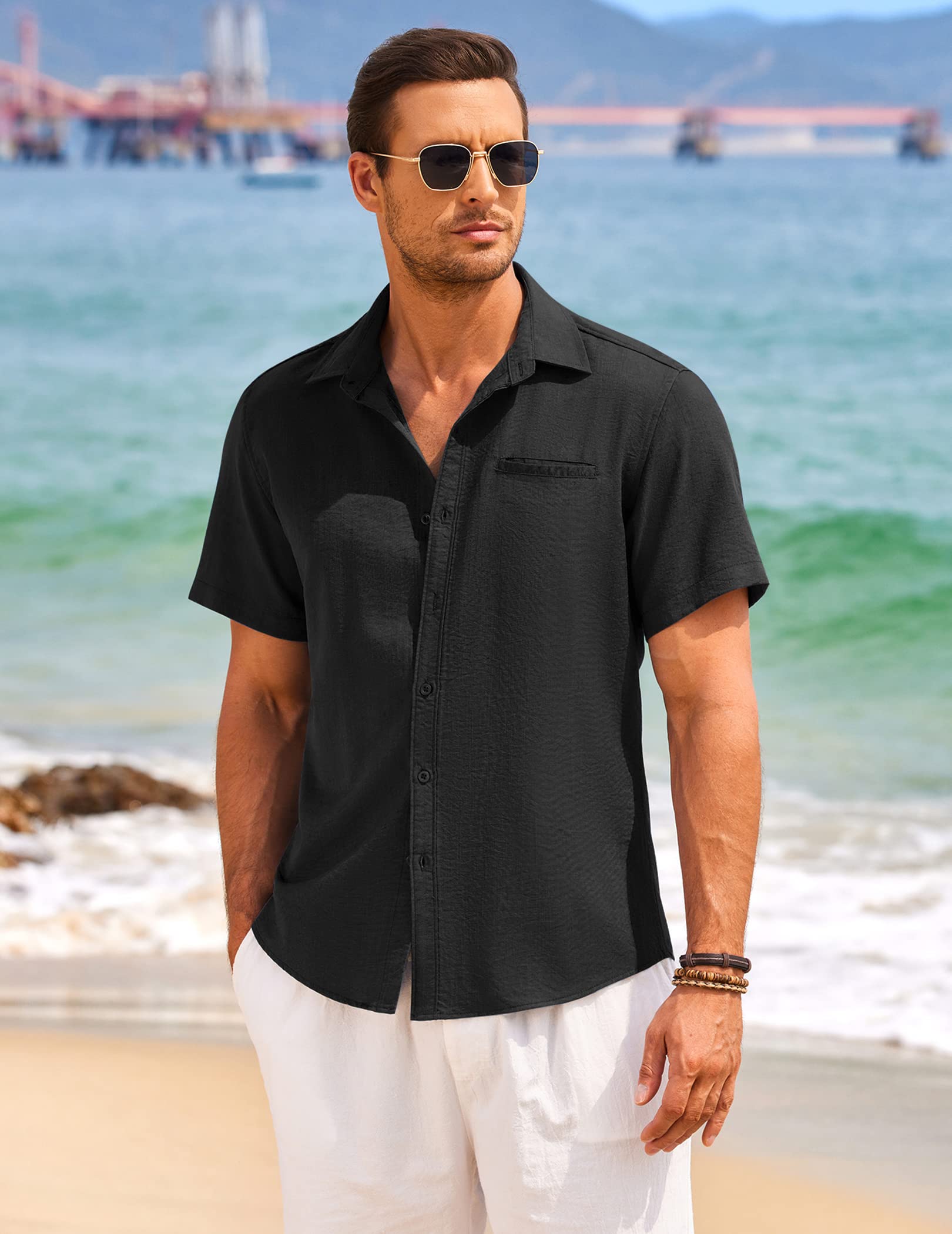 COOFANDY Men's Casual Linen Short Sleeve Button Down Shirt | Breathable Summer Hawaiian Beach Shirt for Vacation, Party & Outdoor Activities