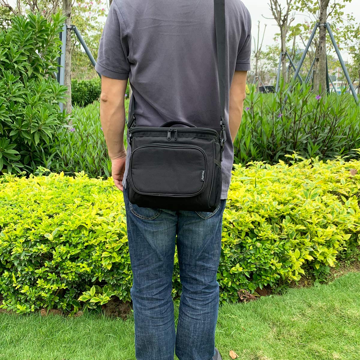 FlowFly Insulated Reusable Lunch Bag for Adults - Large Lunch Box with Adjustable Shoulder Strap, Front Zipper Pocket & Dual Mesh Side Pockets - Perfect for Work, School, Picnics & Outdoor Activities (Black)