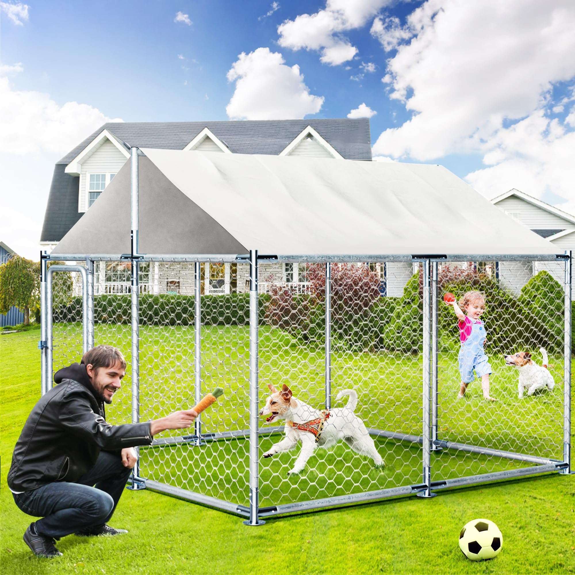 Heavy Duty Outdoor Dog Kennel - 7.5x7.5ft Galvanized Steel Dog Cage with Roof, UV & Water Resistant - Secure Playpen for Small, Medium & Large Dogs - Perfect for Backyard, Patio & Camping Use