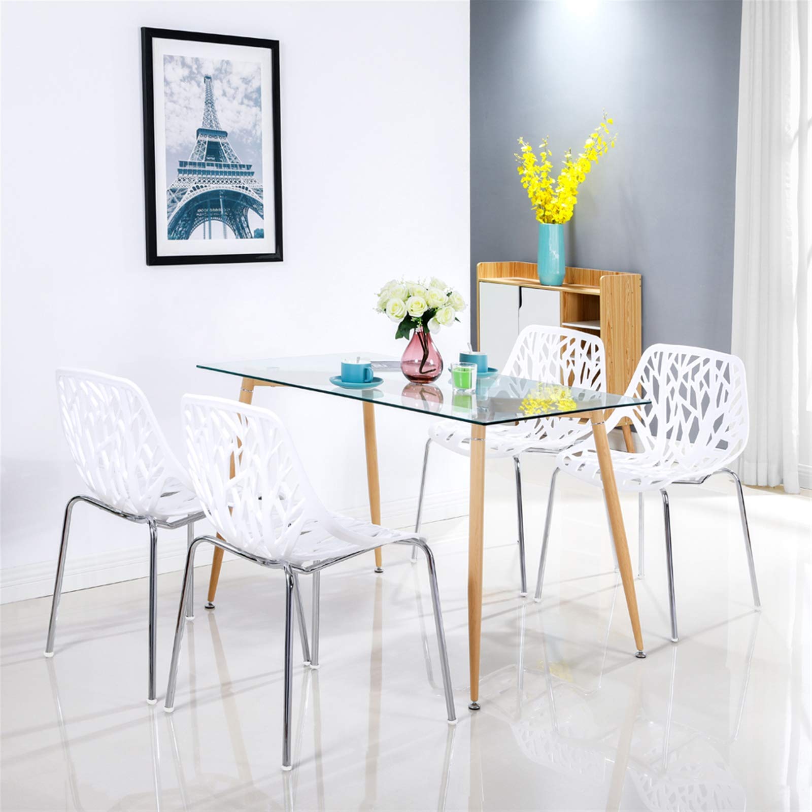 Modern Stackable Dining Chairs Set of 4 - Waterproof Birch Wood Kitchen Chairs with Comfy Bird's Nest Design for Farmhouse, Porch, Poolside, Patio, Garden, Balcony & Backyard Decor | Perfect for Outdoor Entertaining and Indoor Dining (White)