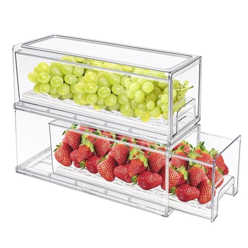 2-Pack Clear Stackable Refrigerator Drawer Organizers - Plastic Food Storage Bins for Fridge, Pantry, Kitchen & Bathroom | Space-Saving Organizer for Fruits, Vegetables, Snacks & Office Supplies (X-Small)