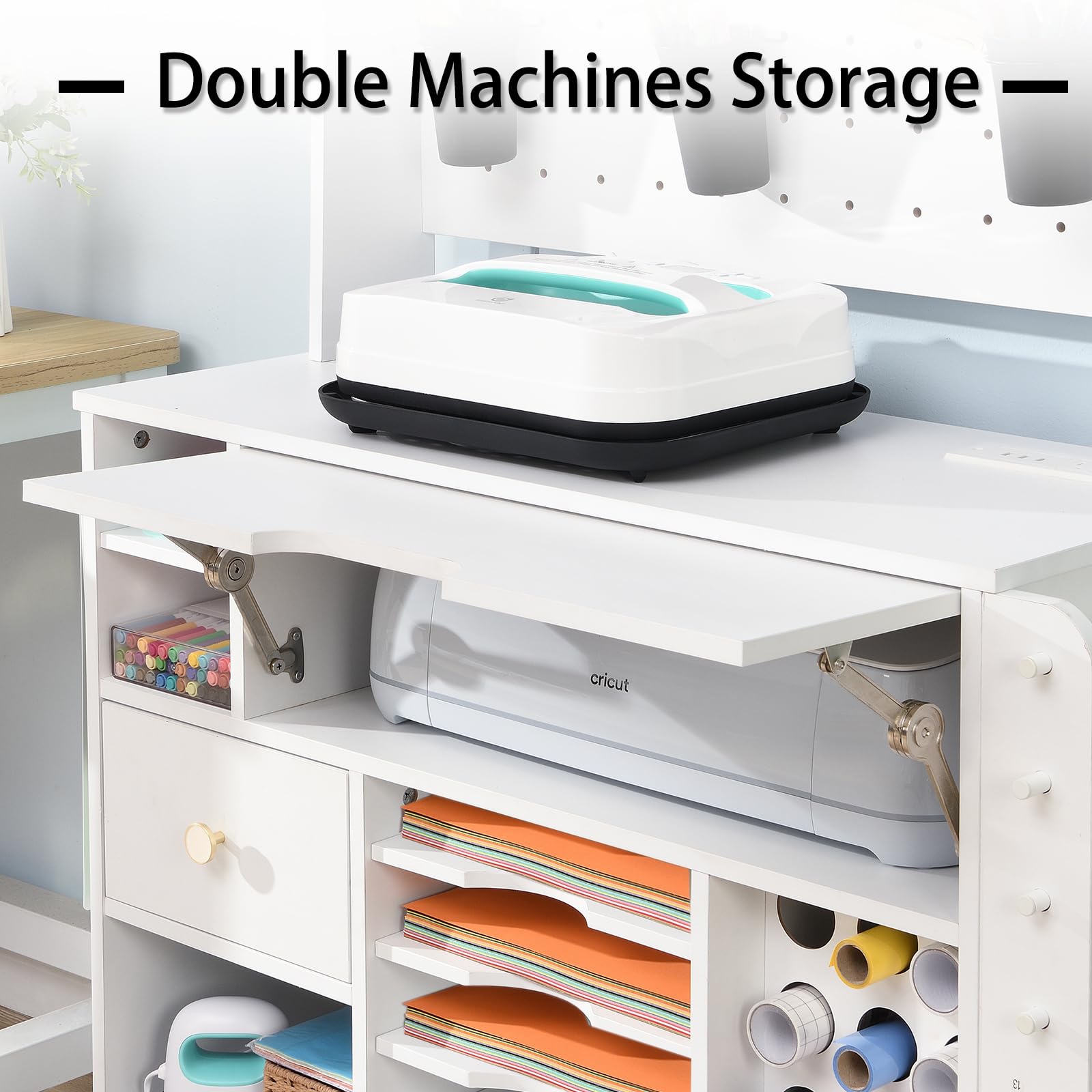Cricut Compatible Craft Storage Cabinet with Power Outlet & Pegboard - Organizer for Vinyl, Tools & Supplies - Perfect for Scrapbooking, DIY Projects & Home Craft Stations