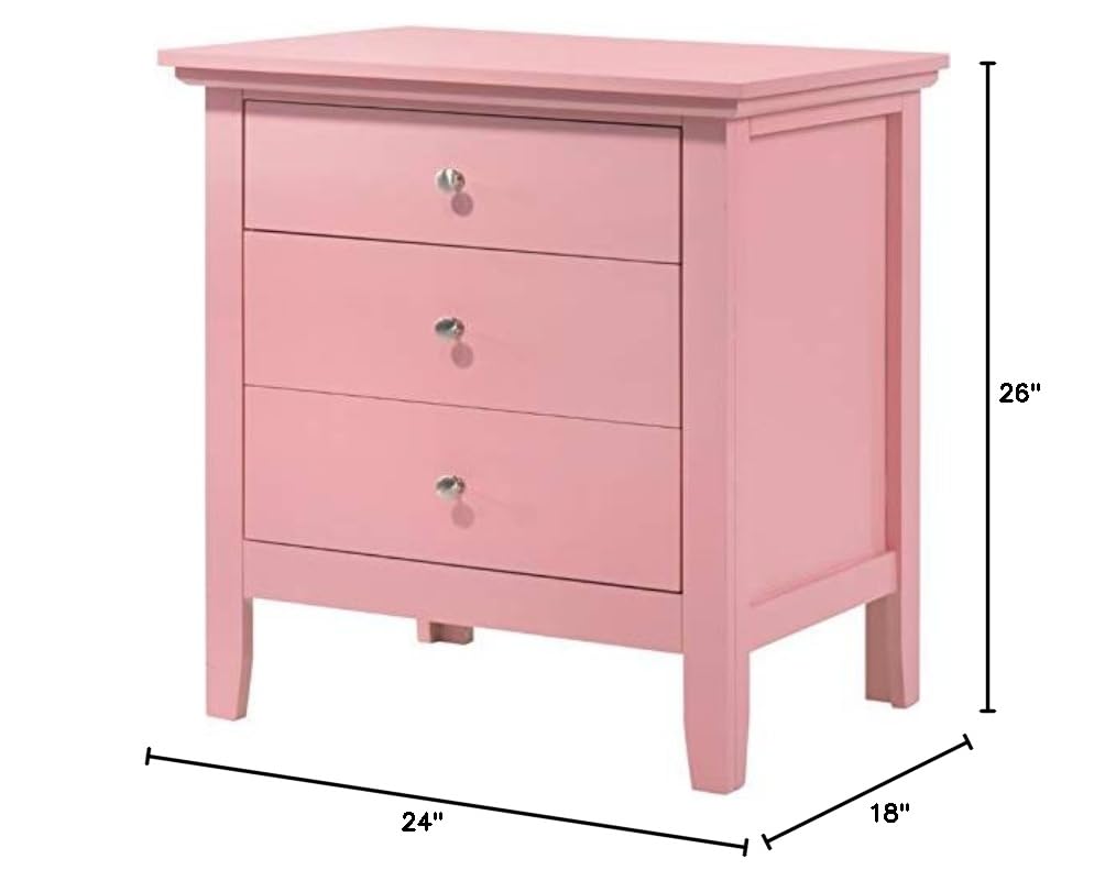 Pink Solid Wood Nightstand Set of 2 with 3 Drawers - Modern Bedroom Furniture for Small Spaces, Guest Rooms & Apartment Decor