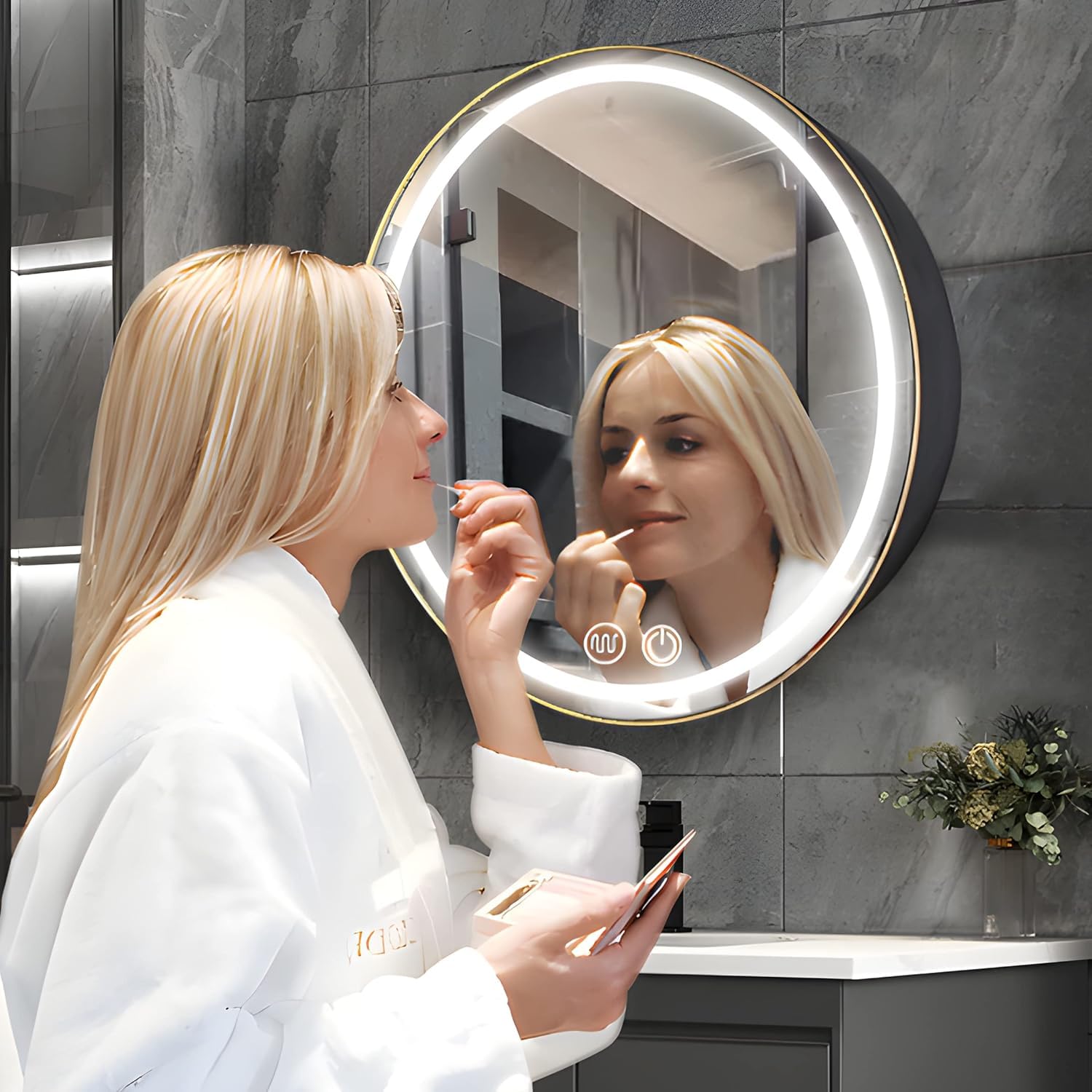 26 Inch Round LED Medicine Cabinet with Lights & Defogger - Dimmable Anti-Fog Bathroom Mirror with 3 Color Options, Surface Mount Only - Perfect for Modern Bathrooms, Vanities & Spa-Like Spaces