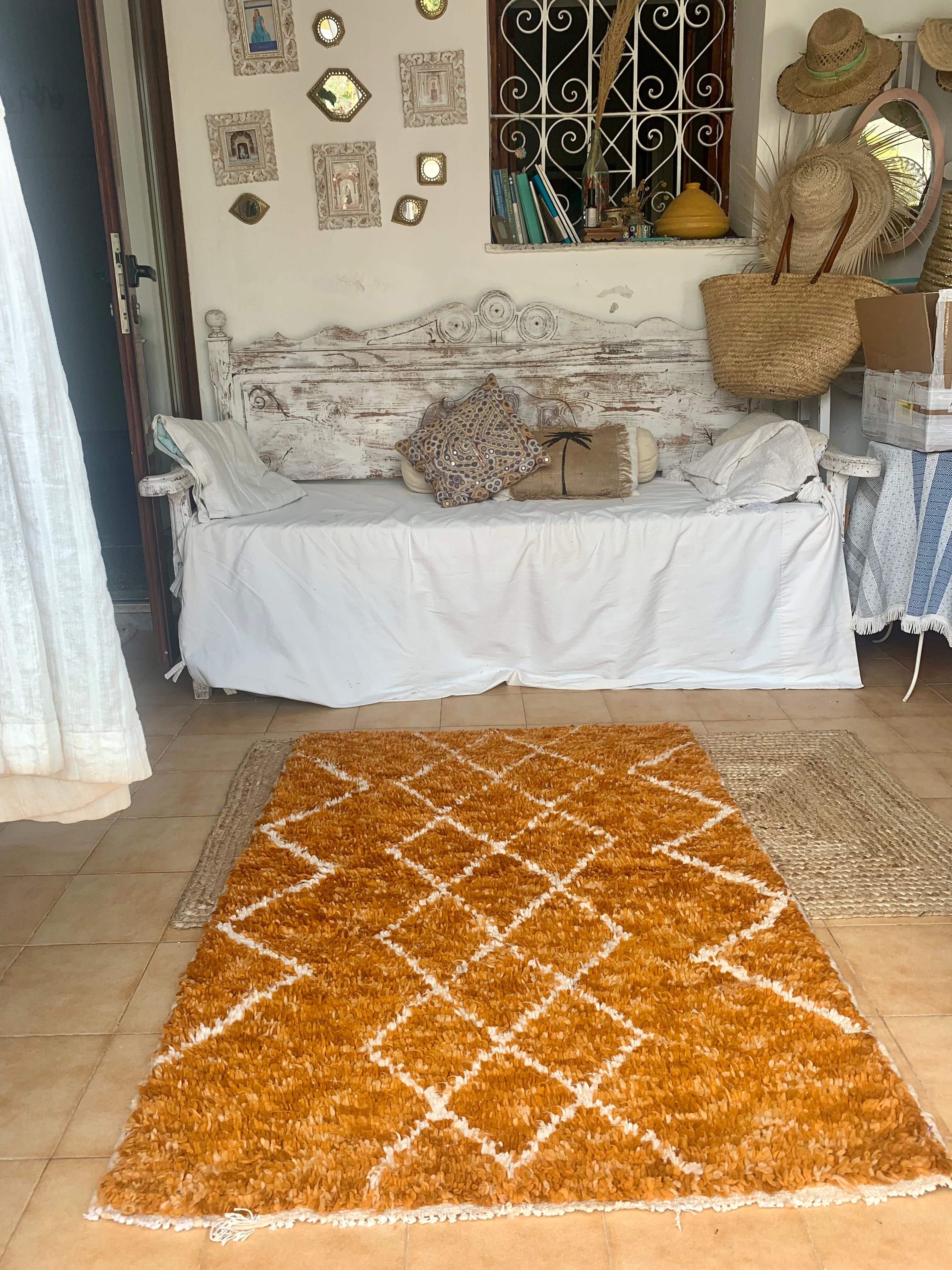 Vintage Berber Morocco Carpet Rug - Abstract Mustard Yellow and White Design - 6' x 9' - Handmade Wool Area Rug for Boho Living Room, Bedroom & Office Decor