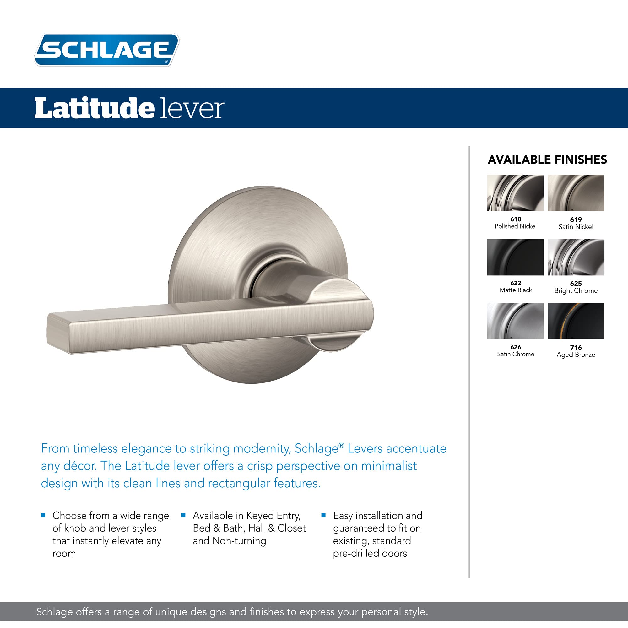Schlage F51A LAT 716 Latitude Keyed Entry Door Lever Lock in Aged Bronze - Secure Your Home with Stylish Front Door Hardware for Residential & Commercial Use