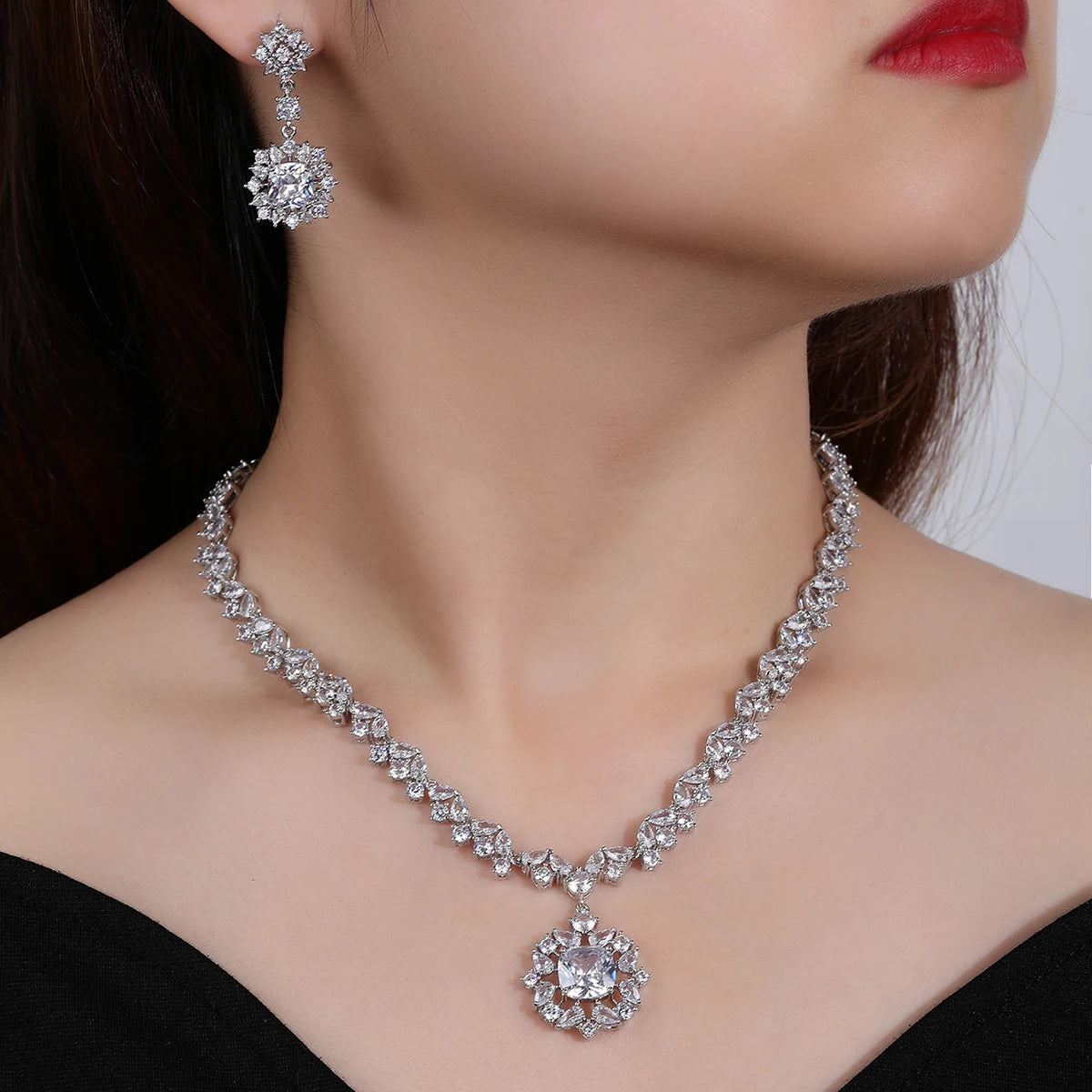 Elegant Cubic Zirconia Pendant Necklace & Earrings Set for Women - Bridal Wedding Jewelry Gift - Perfect for Anniversary, Engagement & Special Occasions