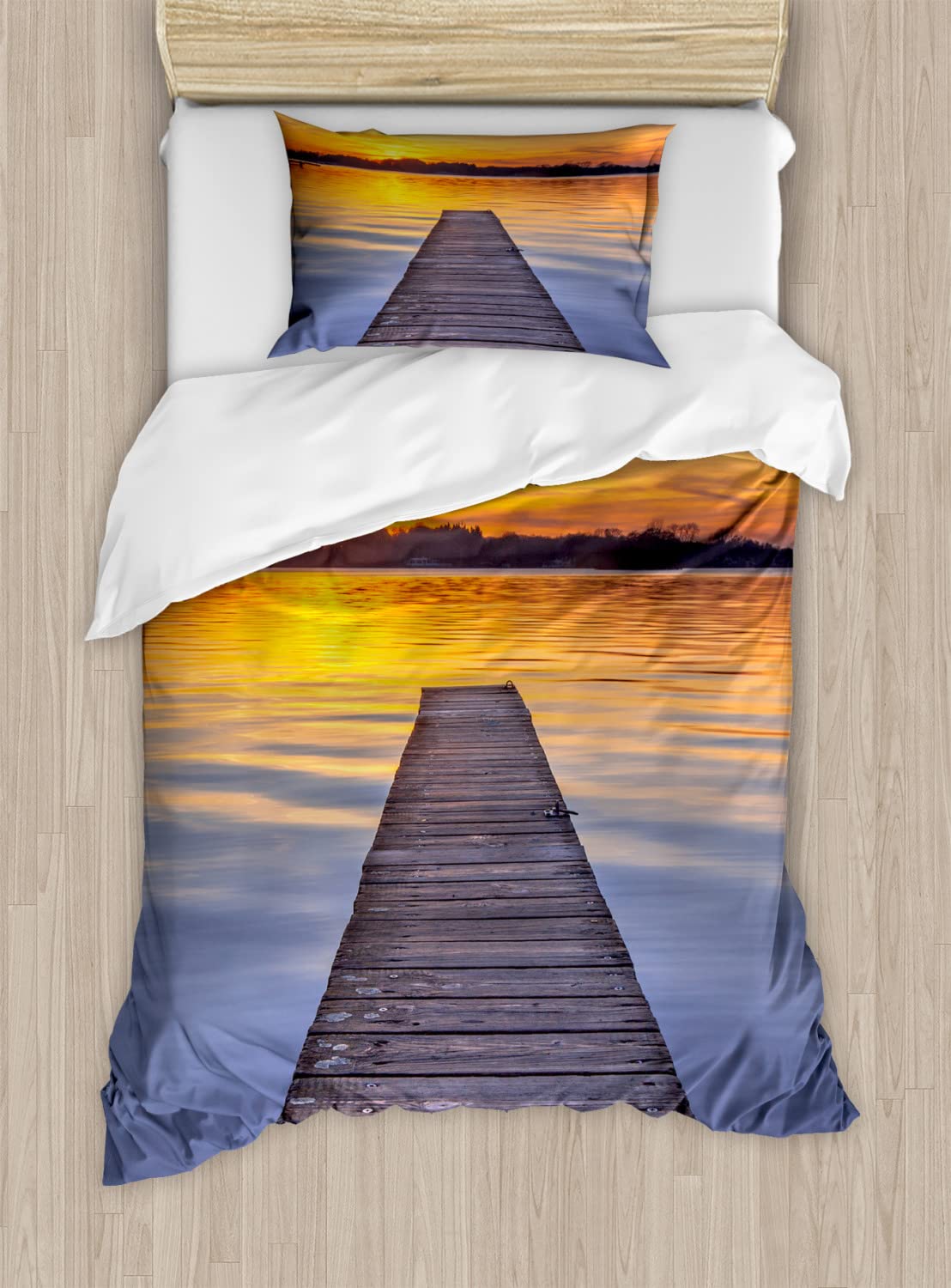 Ambesonne Lake Duvet Cover Set - Summer Sunset Over Serene Lake Paterwoldsemeer with Wooden Jetty - Twin Size 2-Piece Bedding Set (2 Duvet Covers & 2 Pillowcases) in Orange, Blue, Grey & Umber - Perfect for Lakeside Themed Bedrooms, Guest Rooms & Vacation Homes