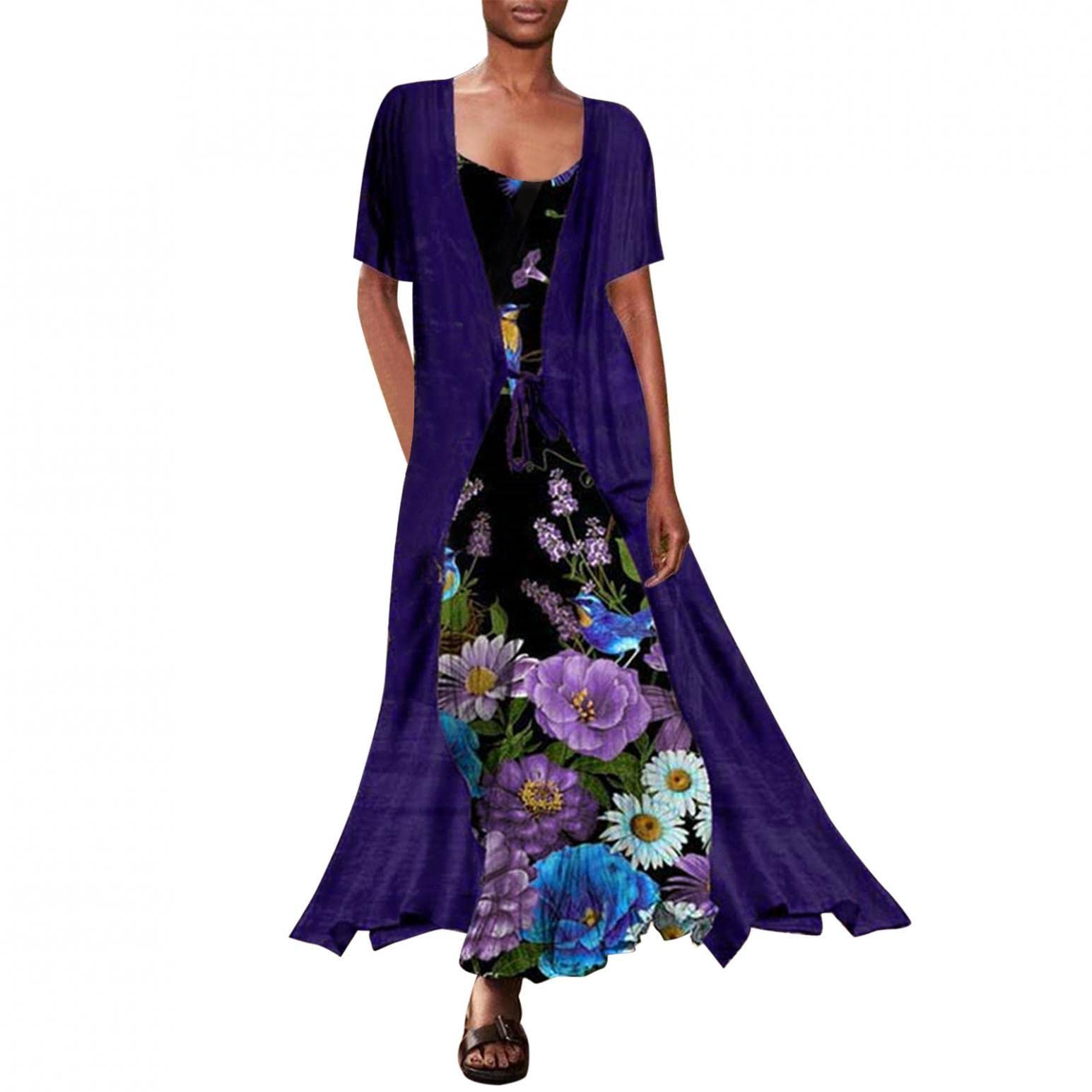 Women's Flowy Spaghetti Strap Maxi Dress - Chiffon Floral Print Two Piece Set with Short Sleeve Cardigan | Summer Beach Wedding, Vacation & Casual Wear