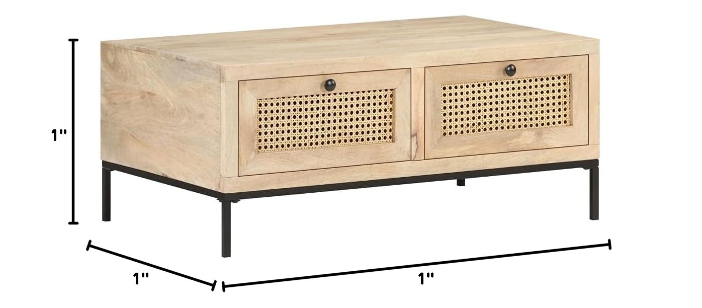Industrial Style Coffee Table - Solid Mango Wood & Natural Cane Center Table with Storage, 35.4