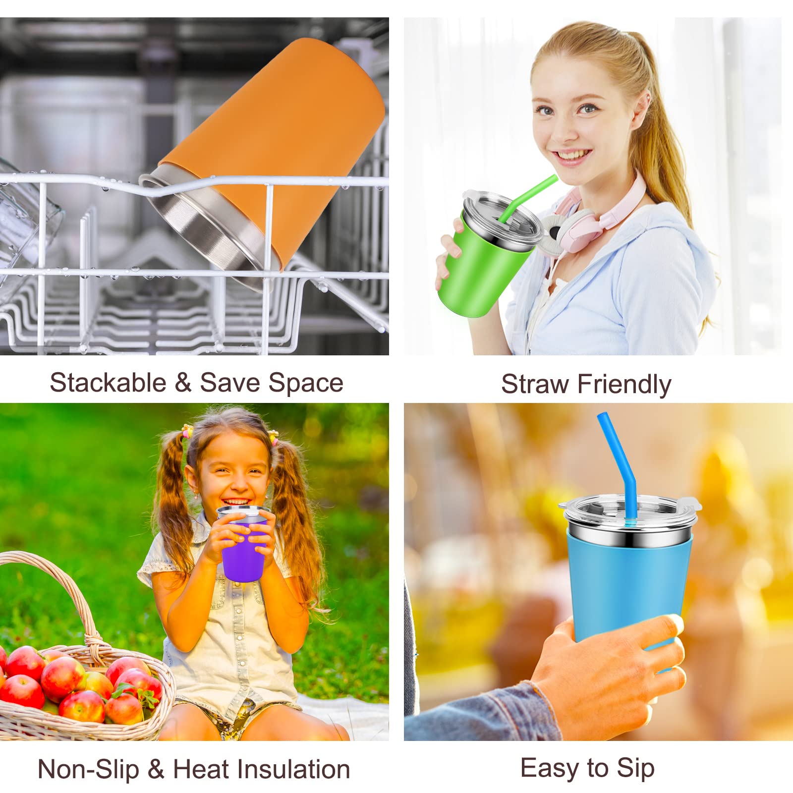 Yummy Sam 5-Pack 12oz Stainless Steel Kids Water Bottles with Silicone Straws & Lids - Insulated, Non-Slip, Heat-Resistant for School, Sports, Travel, and Outdoor Activities - BPA-Free for Children & Adults