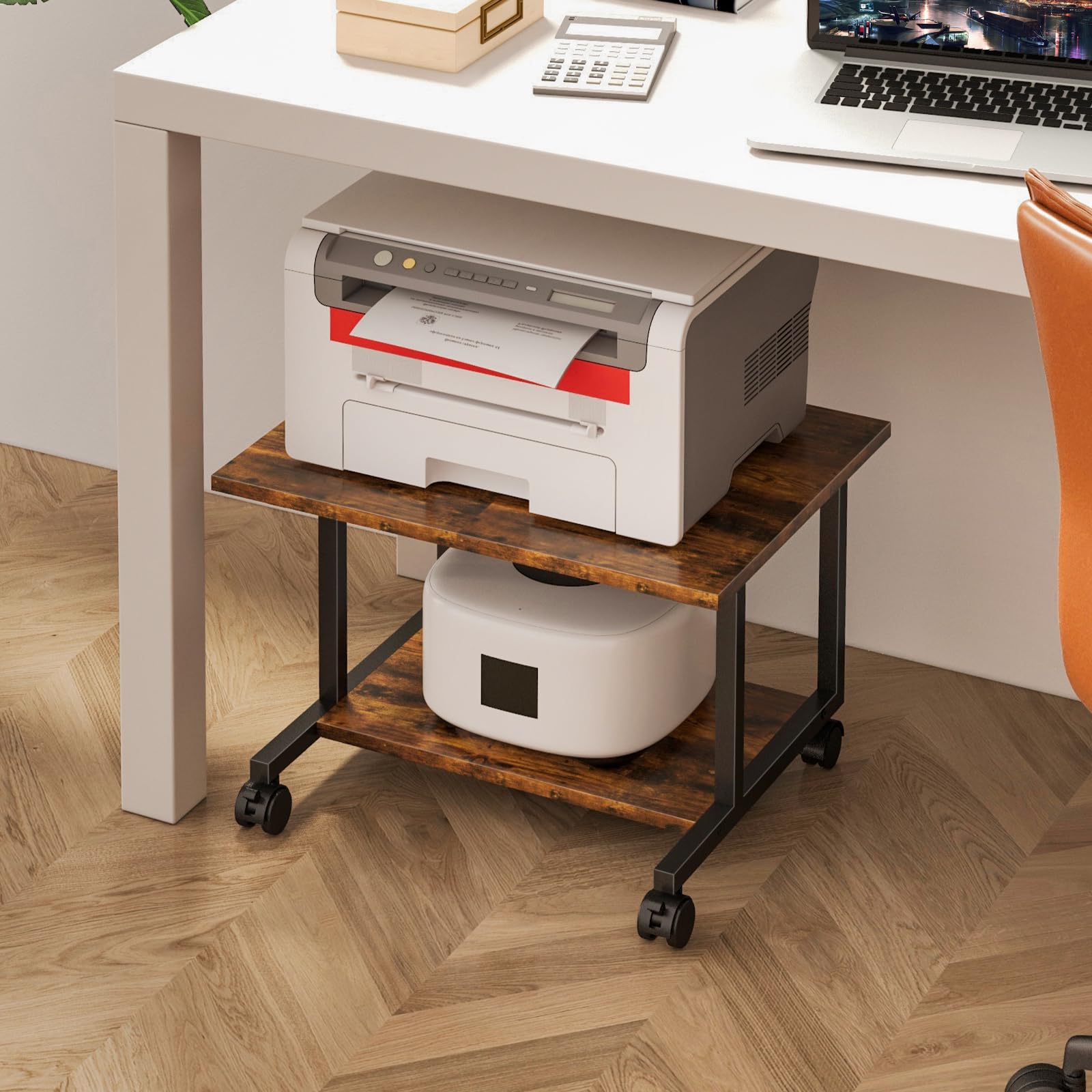 Under Desk Printer Stand with Wheels - 20.5 x 15.7 Inches Rolling Printer Cart for Home Office, Small Printer Table with Storage Shelf, Industrial Printer Stand in Rustic Brown - Perfect for Organizing Printers, Scanners & Office Supplies Under Your Desk