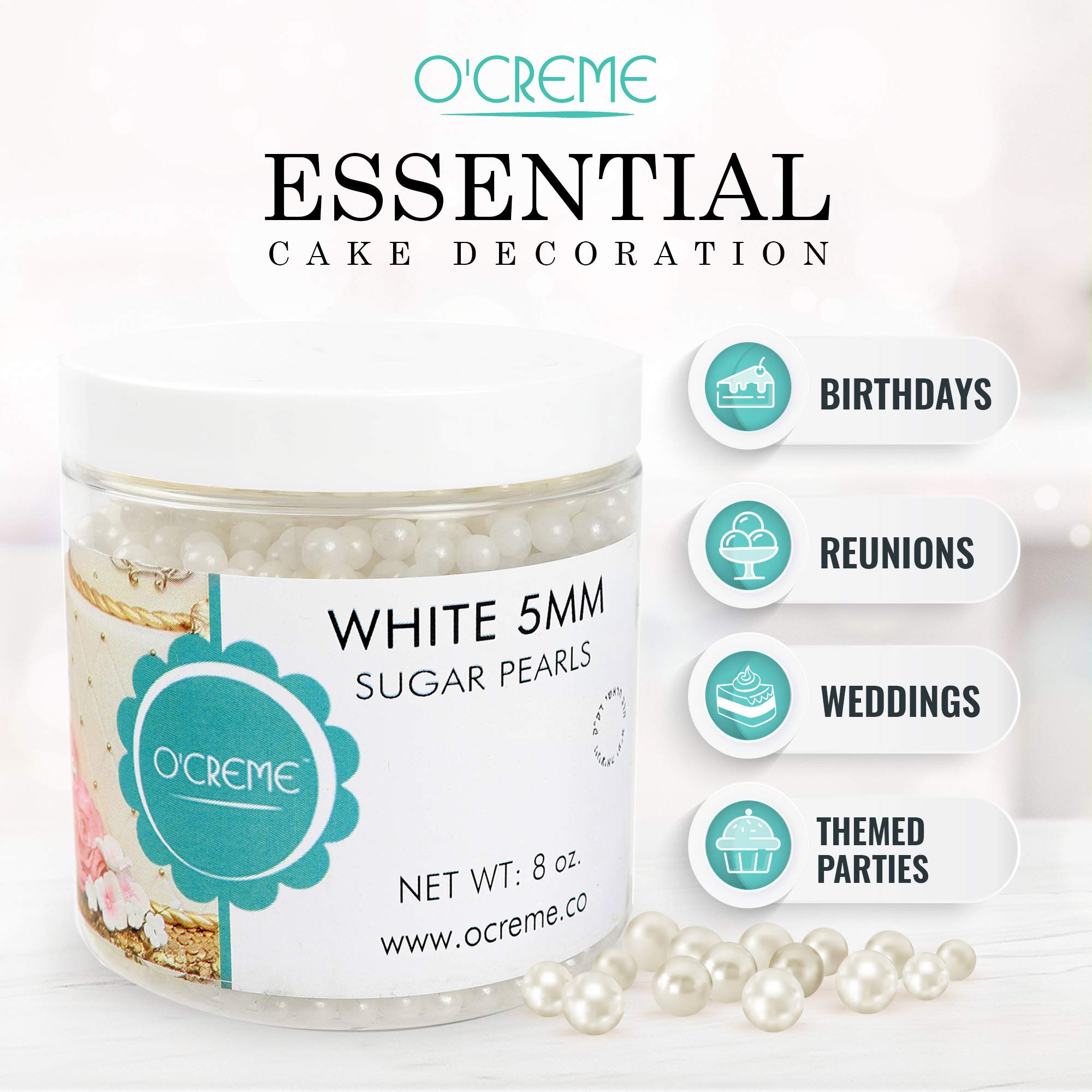 O'Creme White Edible Sugar Pearls - 10mm Cake Decorating Supplies for Bakers (11 Pound) - Perfect for Cookies, Cupcakes, Icing Toppings & Candy Decorations - Certified Baking Beads & Sprinkles for Wedding Cakes, Birthday Parties & Dessert Displays