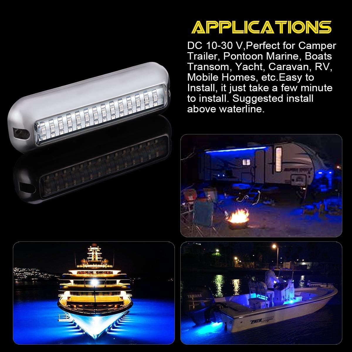 Kawell 42 LED Boat Lights - Waterproof IP68 Stainless Steel Underwater Pontoon Marine Navigation Lights - Blue | Perfect for Night Fishing, Boat Parties & Dock Lighting