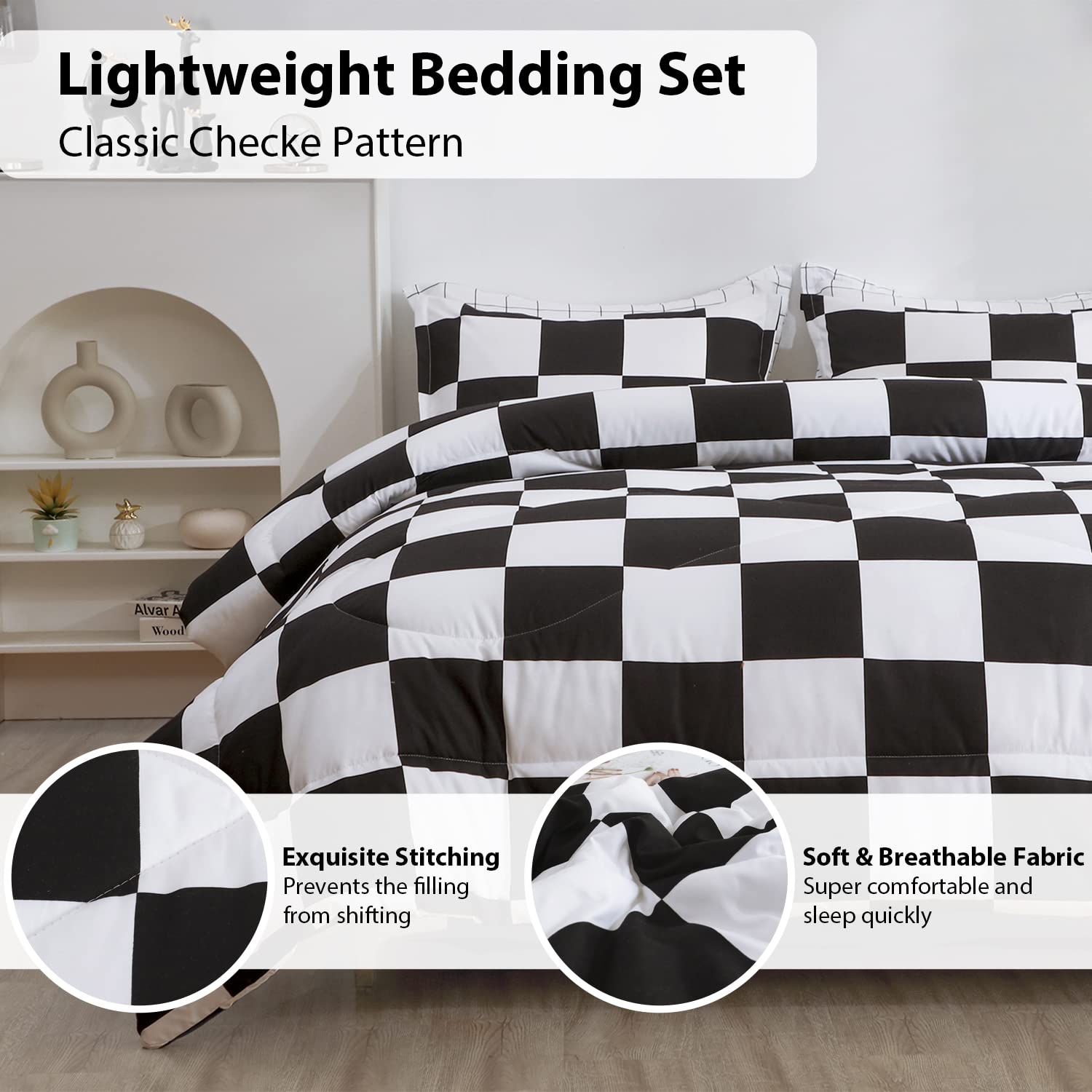 LUCKYBULL 3-Piece Full Comforter Set - Fluffy Down Alternative Bedding in Black & White Plaid, Soft Textured Checkered Design with 2 Pillow Shams - All Season Cozy Comfort for Bedroom, Guest Room, or Dorm