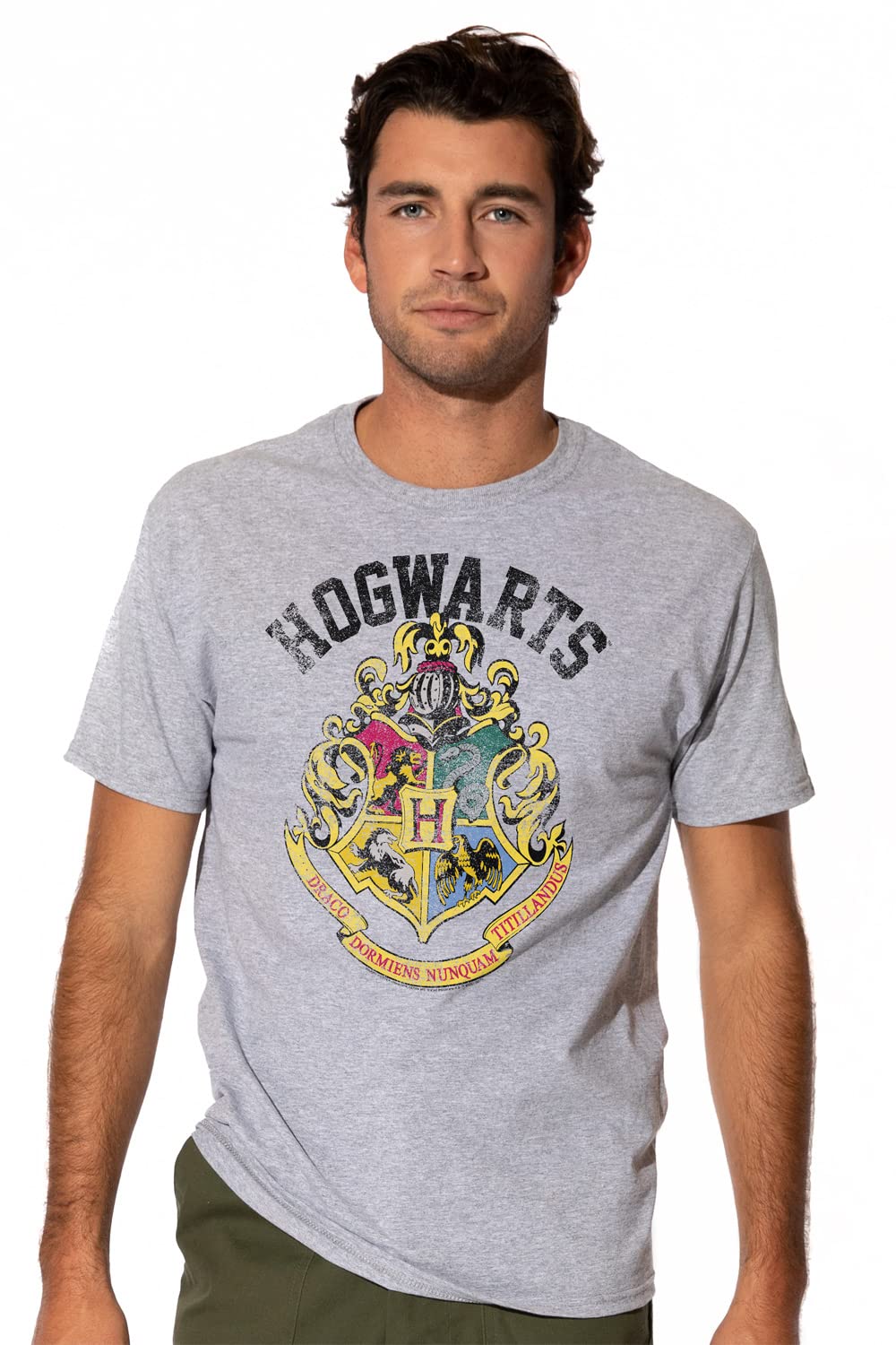 Harry Potter Distressed Hogwarts Crest T-Shirt for Men - Officially Licensed Short Sleeve Tee | Casual Wear, Cosplay & Gift for Potter Fans
