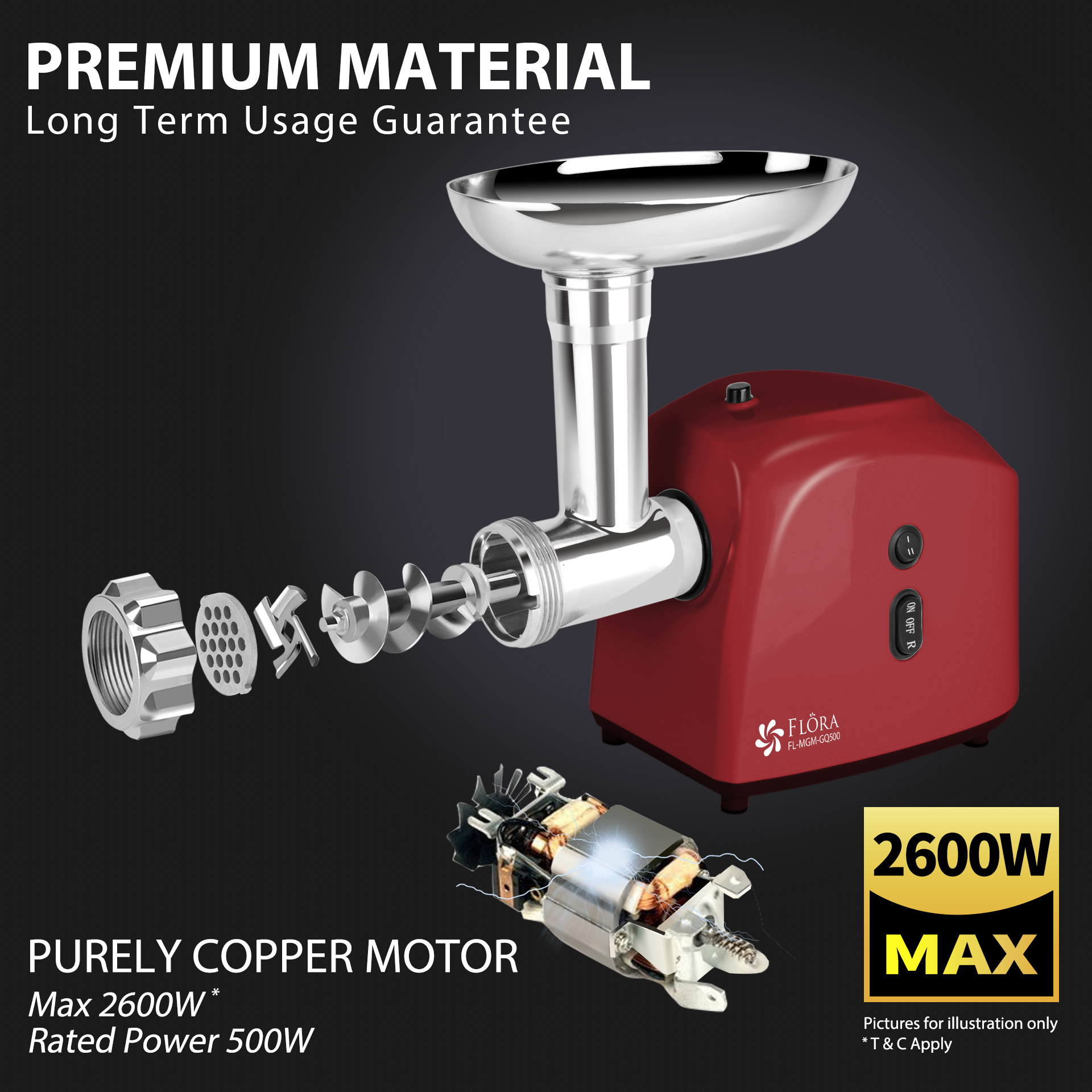 Premium 2600W Electric Meat Grinder - Heavy Duty Sausage Maker, Tomato Sauce Grinder & Food Shredder for Home Kitchen, BBQ, and Food Prep (Flora Red)
